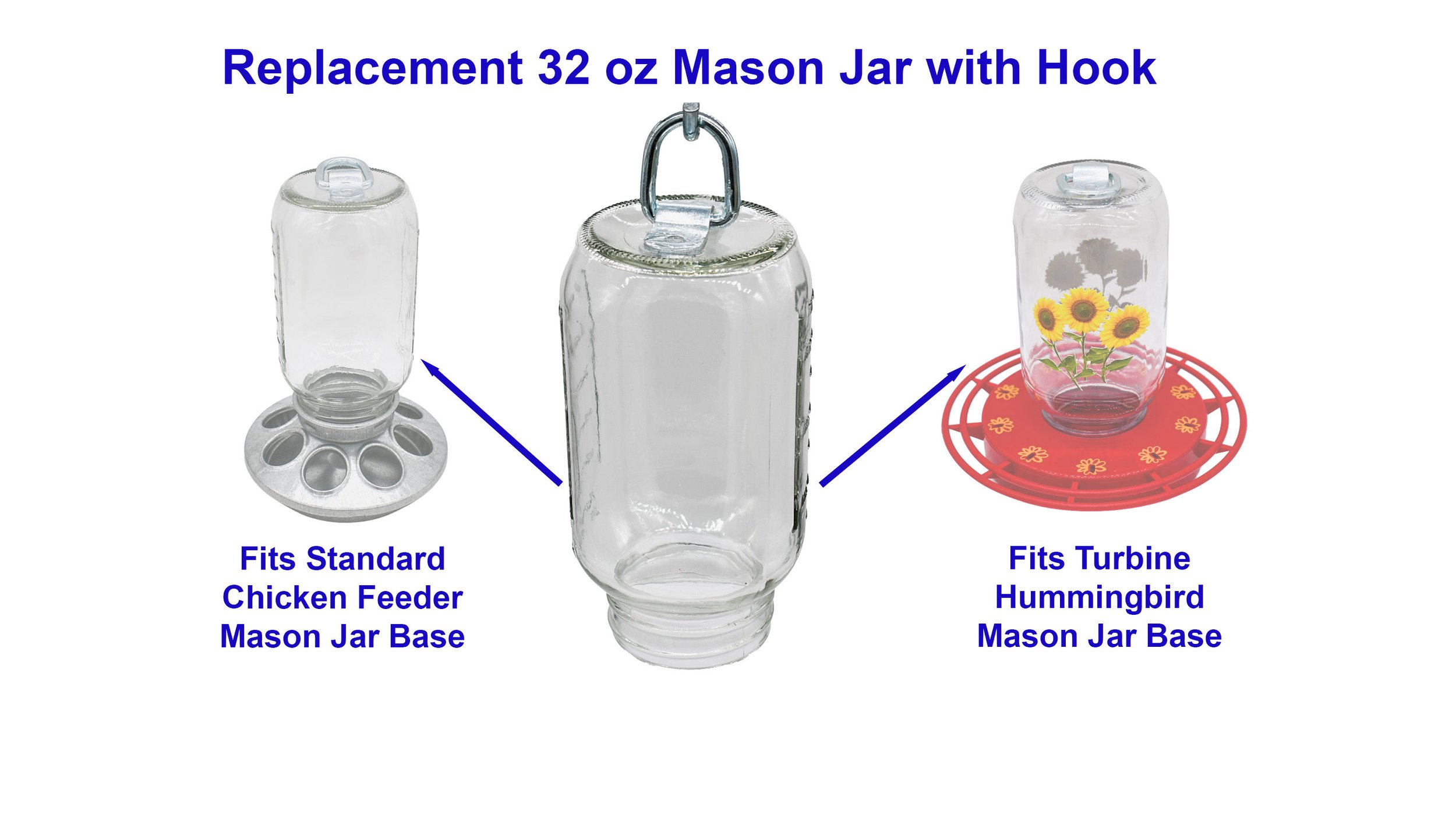 Replacement 32 oz Mason jar with hook showing compatibility with chicken feeder and Turbine hummingbird feeder bases