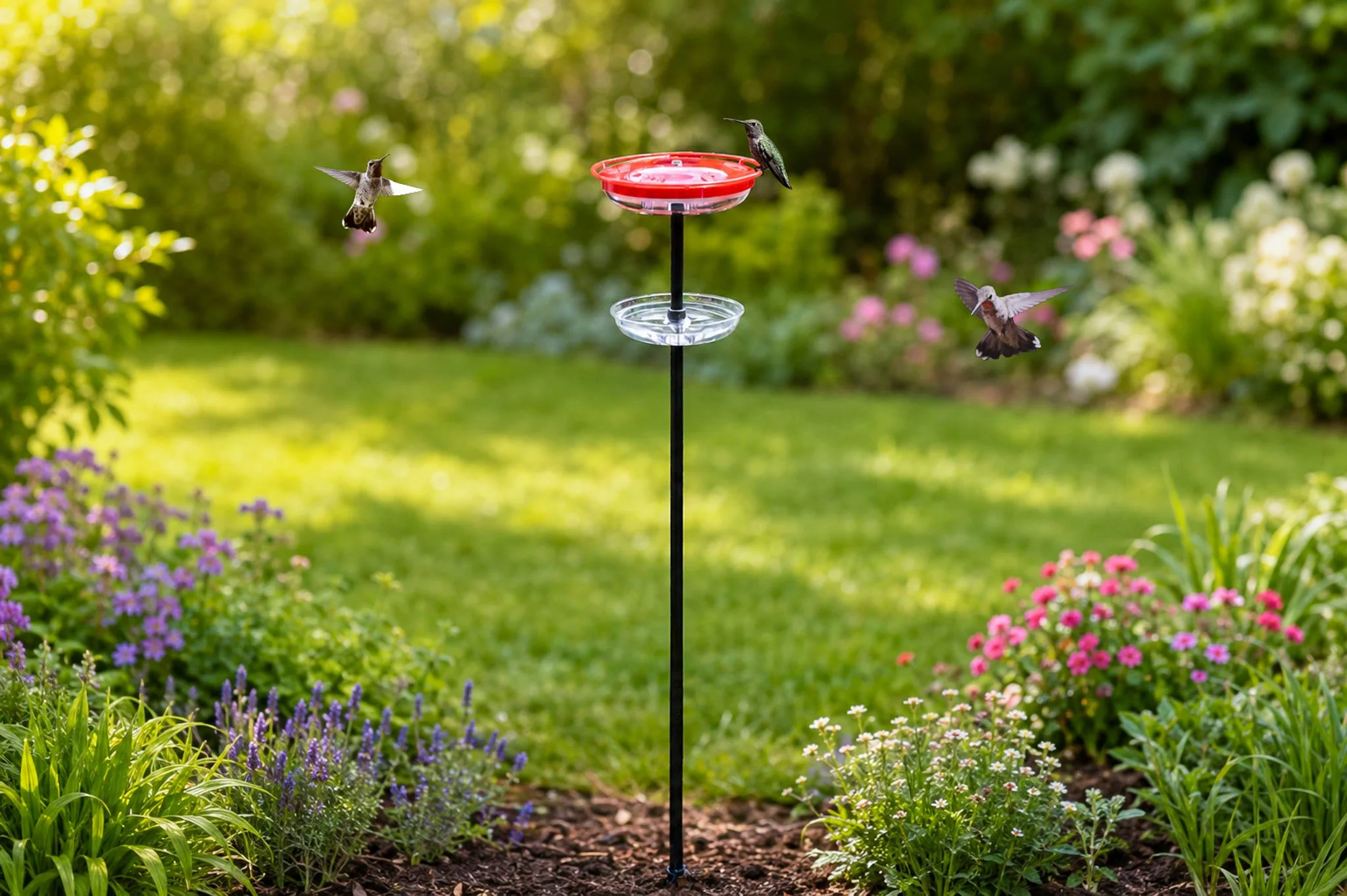 ERVA DAZ Ground Pole with clear Ant Mote™ and hummingbird feeder, demonstrating the completed backyard feeding station. Feeder not included.