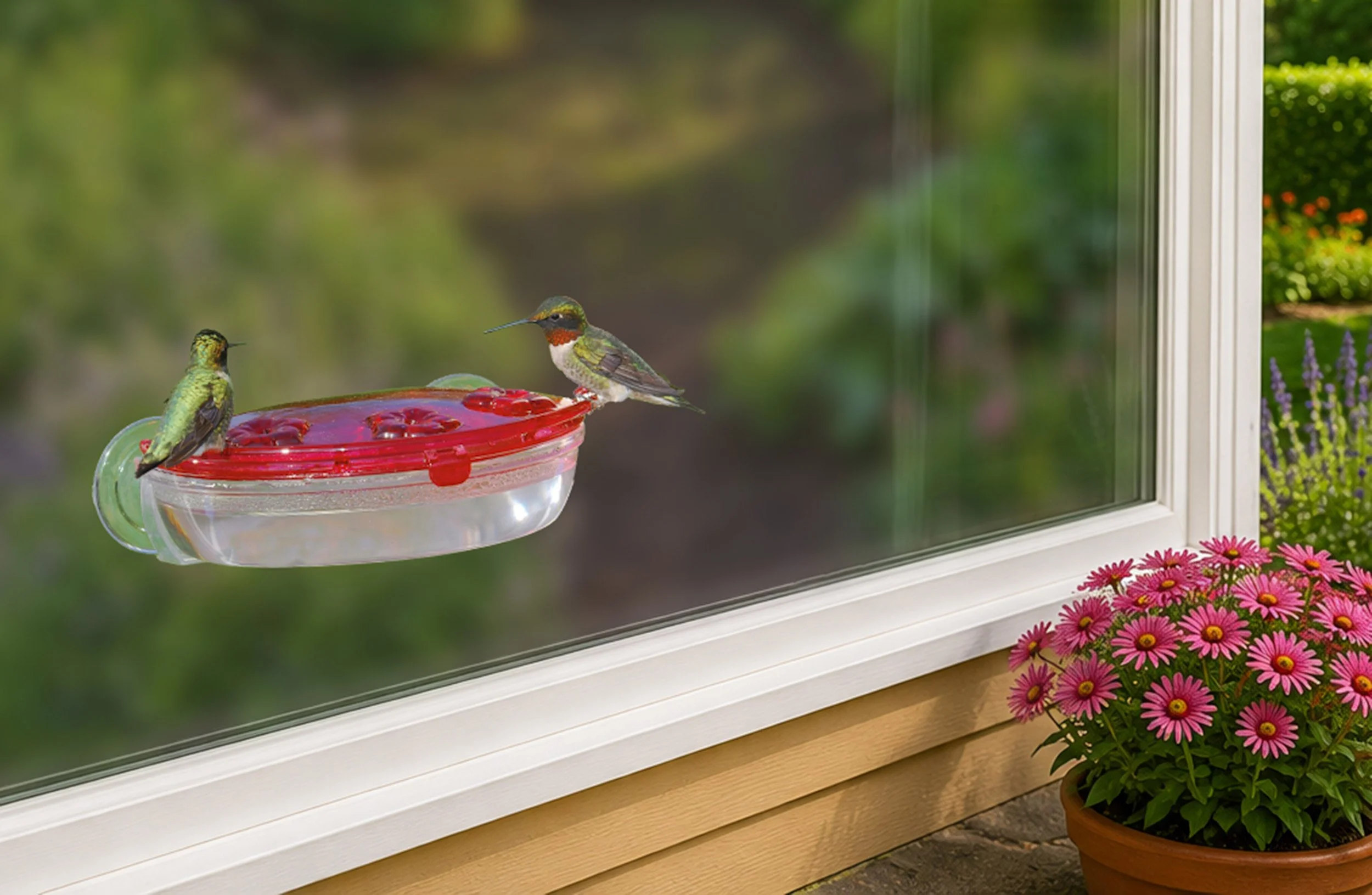 Aspects 407 Jewel Box window hummingbird feeder mounted on a window with hummingbirds and garden view
