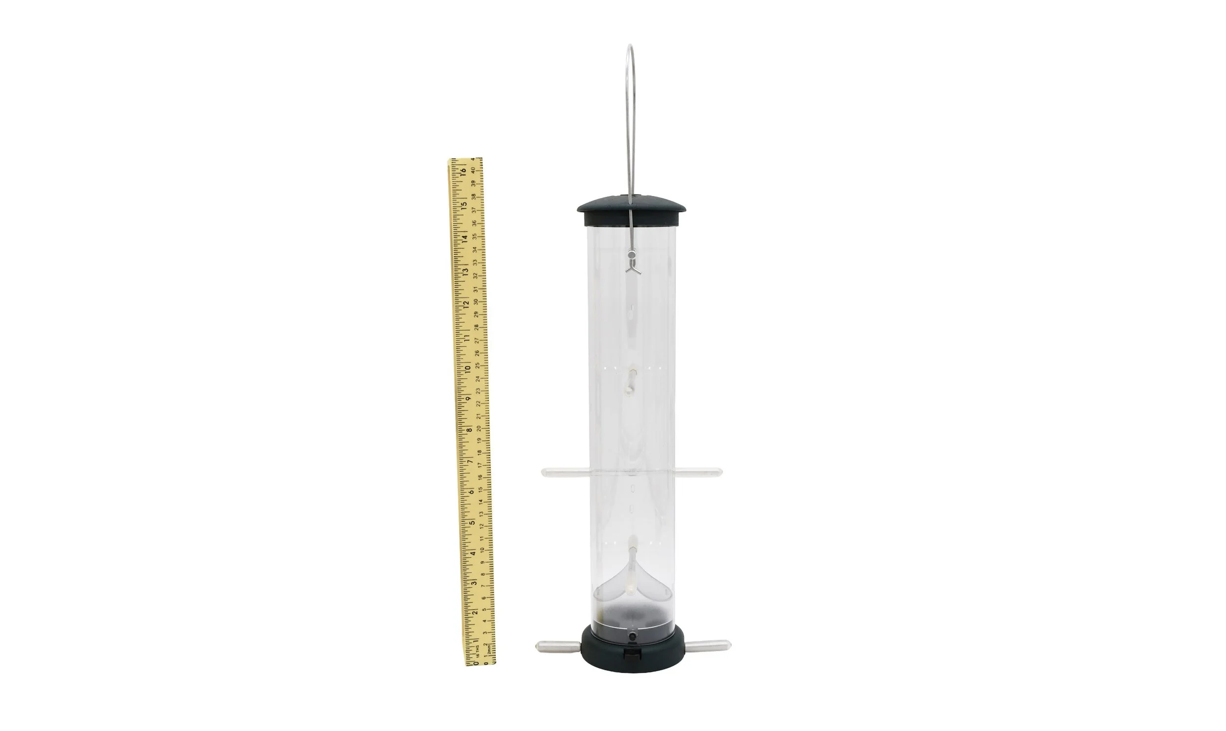 Aspects 427 medium Nyjer finch feeder shown beside a measuring stick to illustrate overall feeder size.