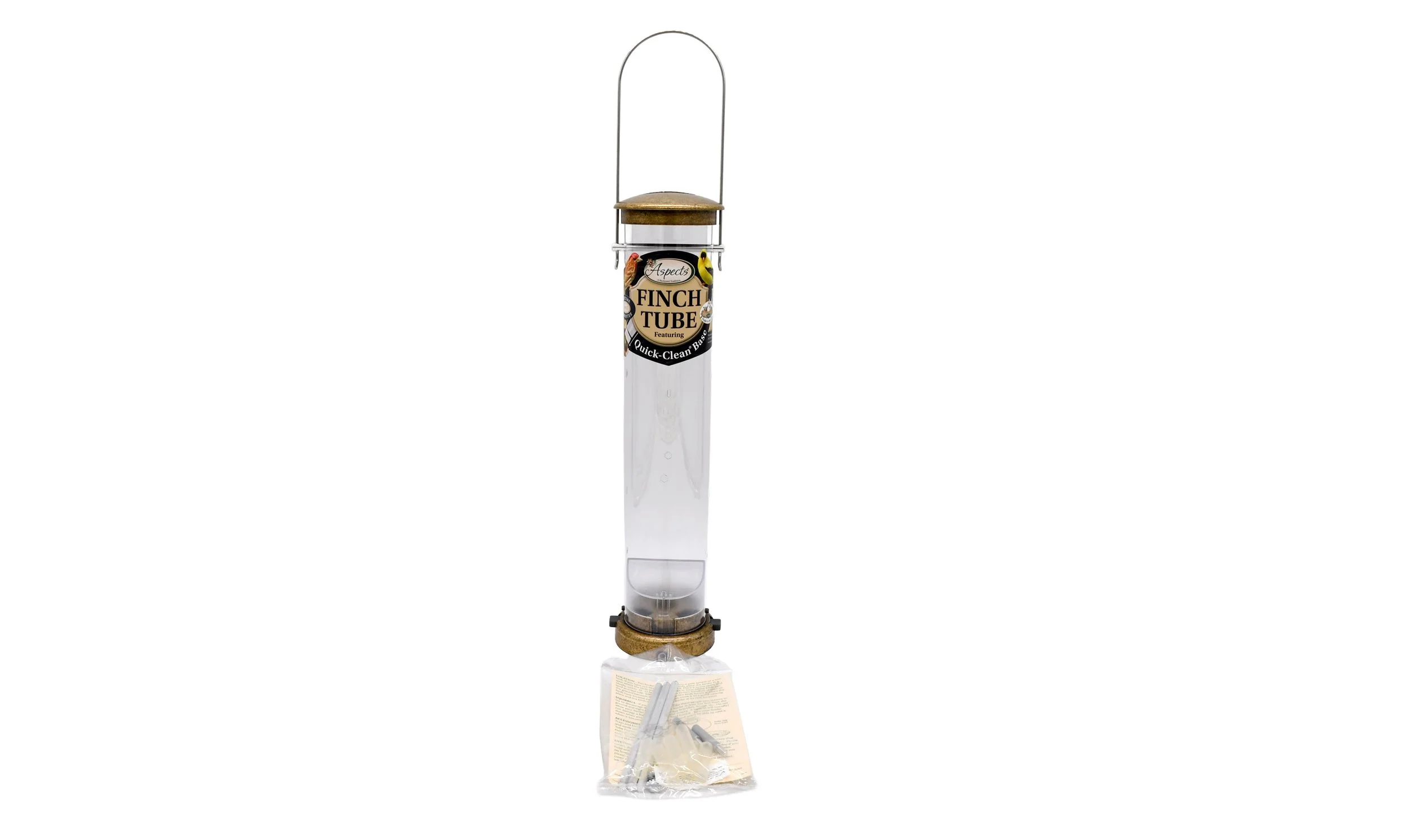 Aspects 402 antique brass Nyjer feeder with clear seed tube, metal feeding perches, and manufacturer information.