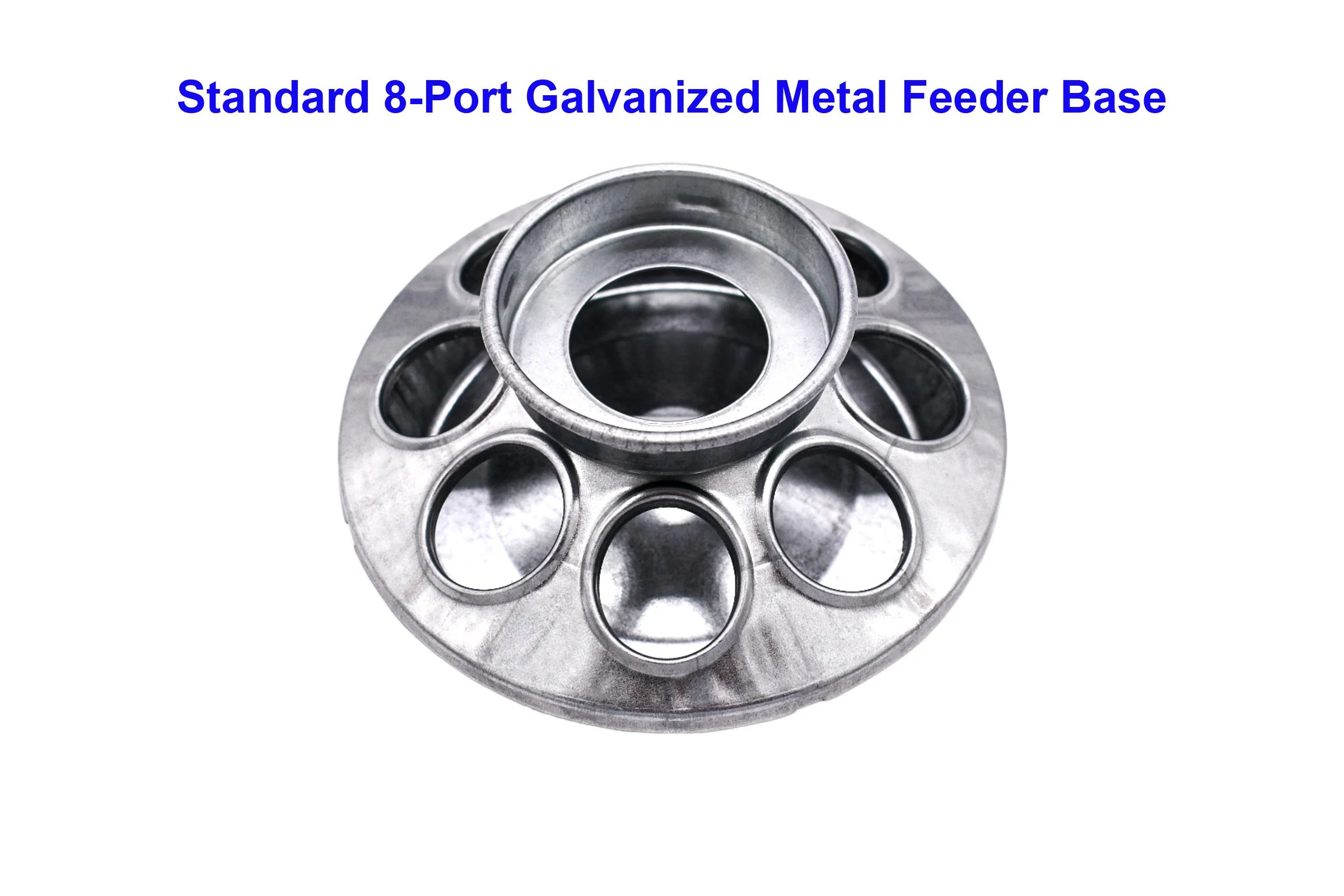 Close-up of standard 8-port galvanized metal base for Mason jar wild bird seed feeder