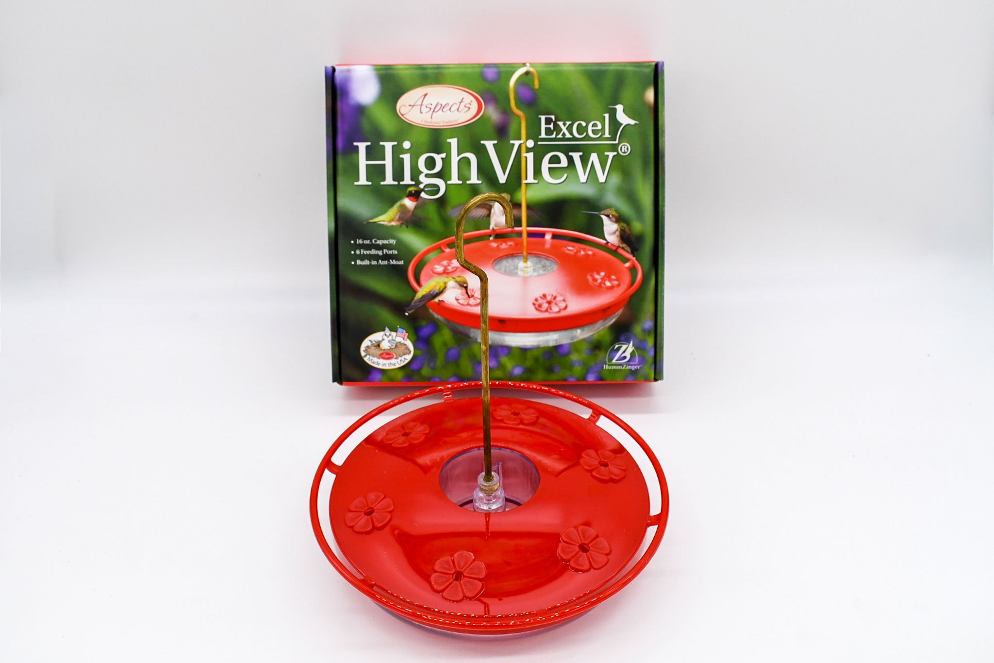 Aspects HighView Excel 16 oz hummingbird feeder displayed in front of its original retail packaging.