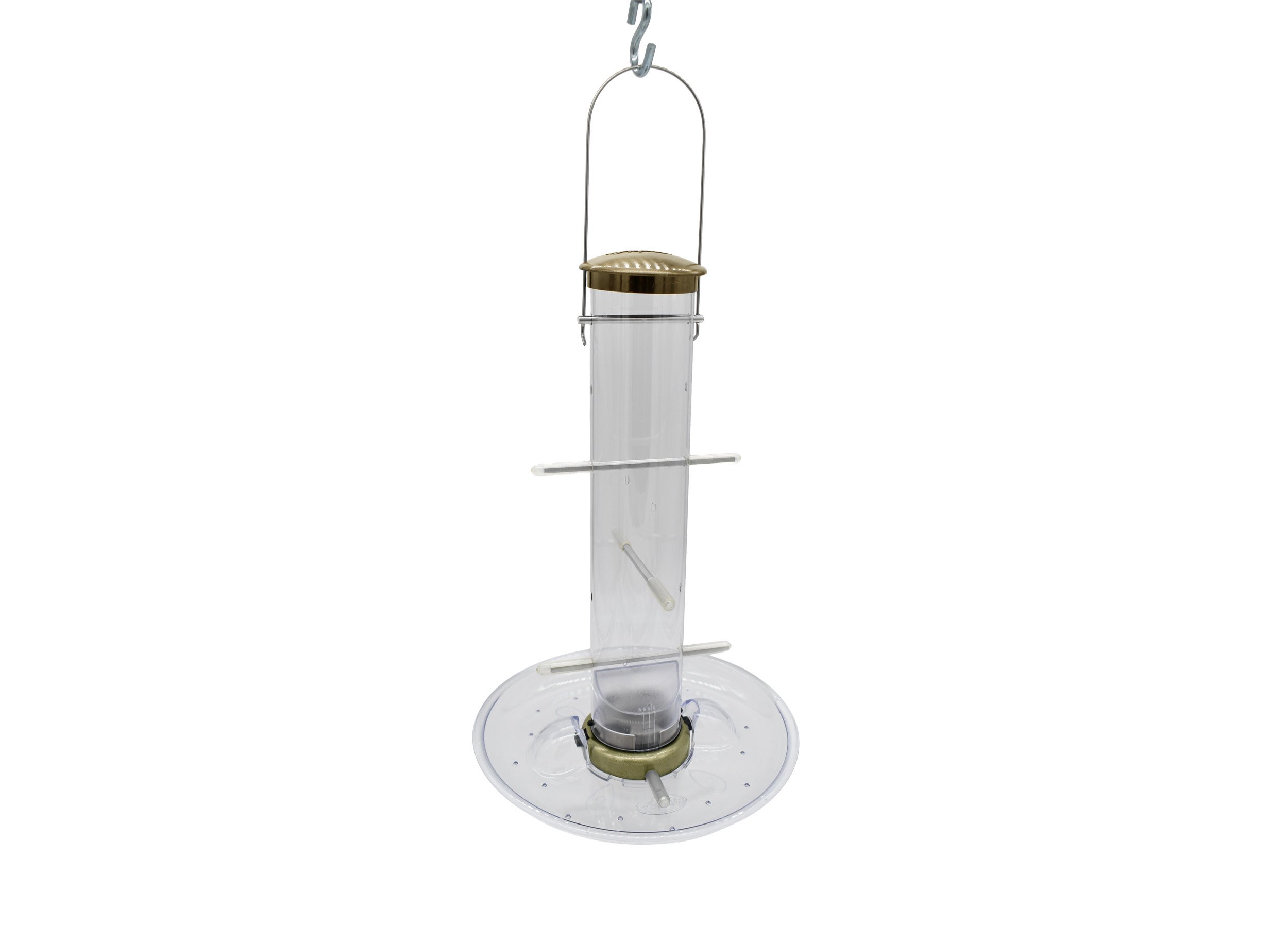 Aspects 402 antique brass Nyjer feeder with clear empty seed tube, metal feeding perches, and optional Aspects 449 seed tray.