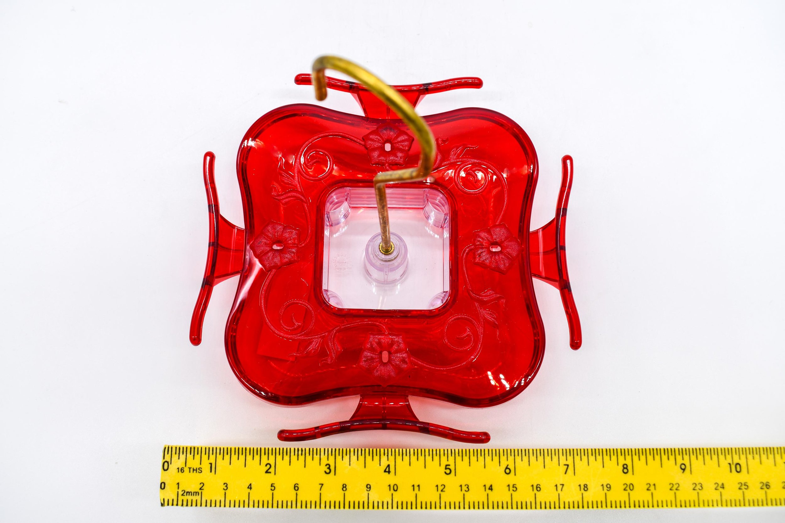 Aspects HighView Square 8 oz hummingbird feeder with four feeding ports and ruler showing size