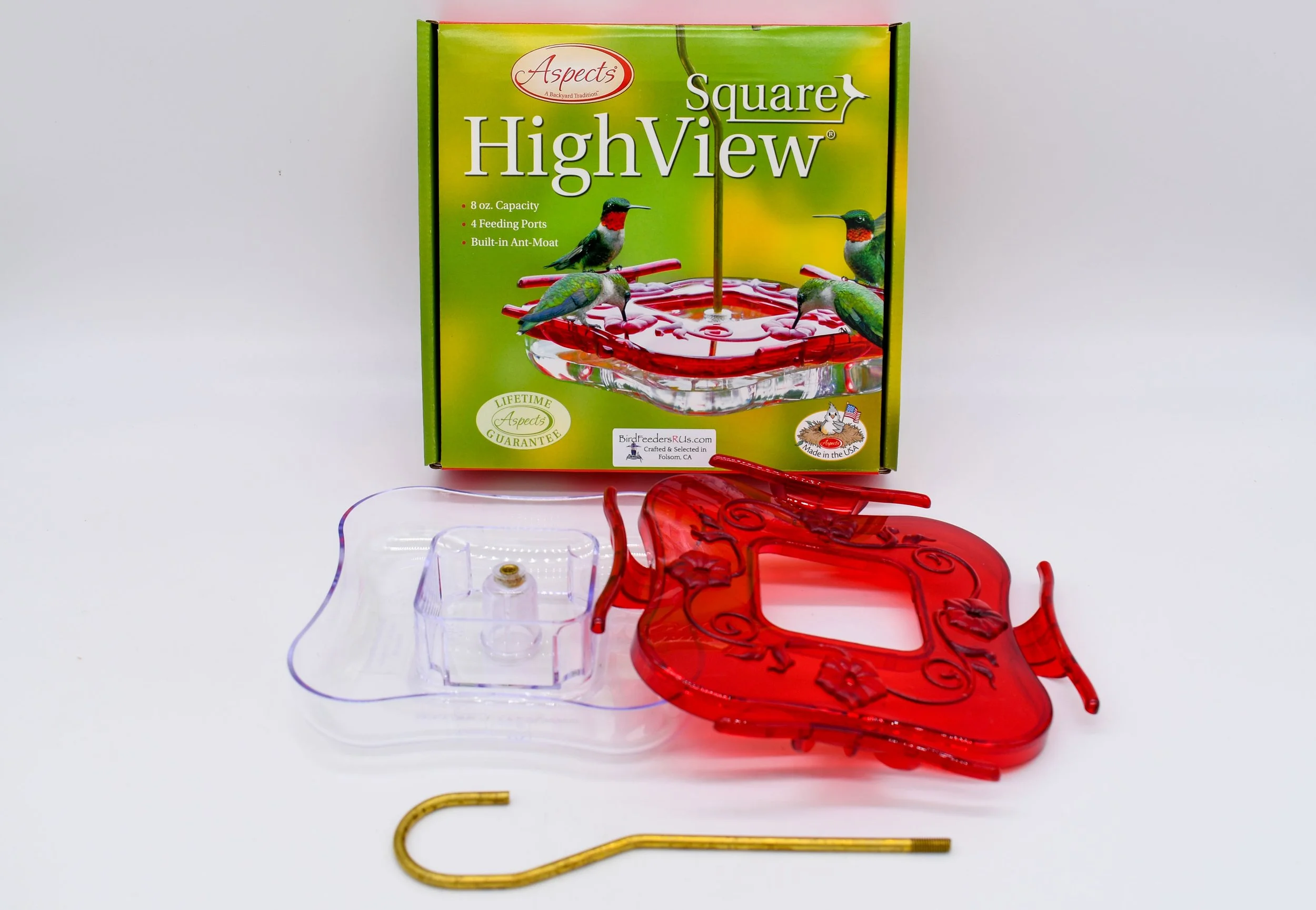 Aspects HighView Square 8 oz hummingbird feeder with red cover, clear bowl, hanging rod and retail package