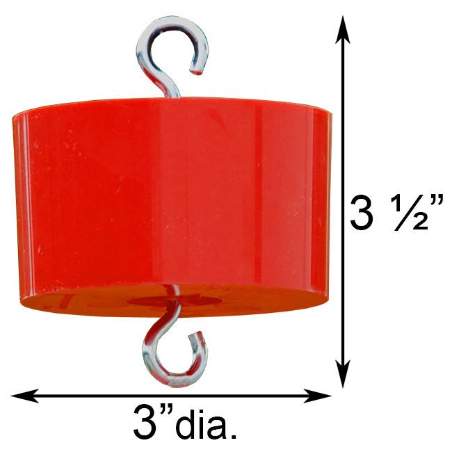 Red ant trap measuring 3 inches in diameter and 3.5 inches tall, including the hooks.