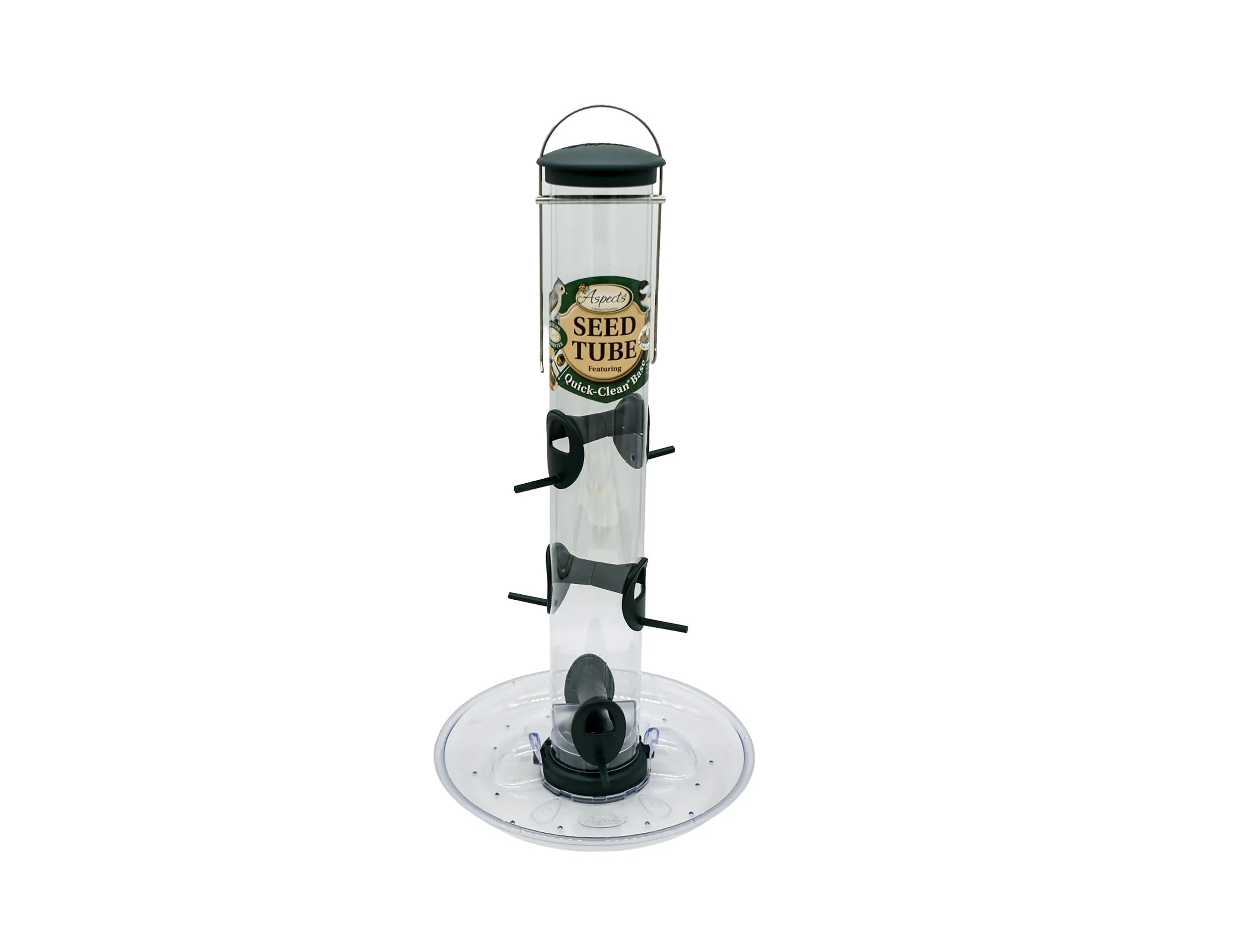 Aspects 425 Quick-Clean Spruce seed tube bird feeder with optional clear seed tray installed for additional feeding space.