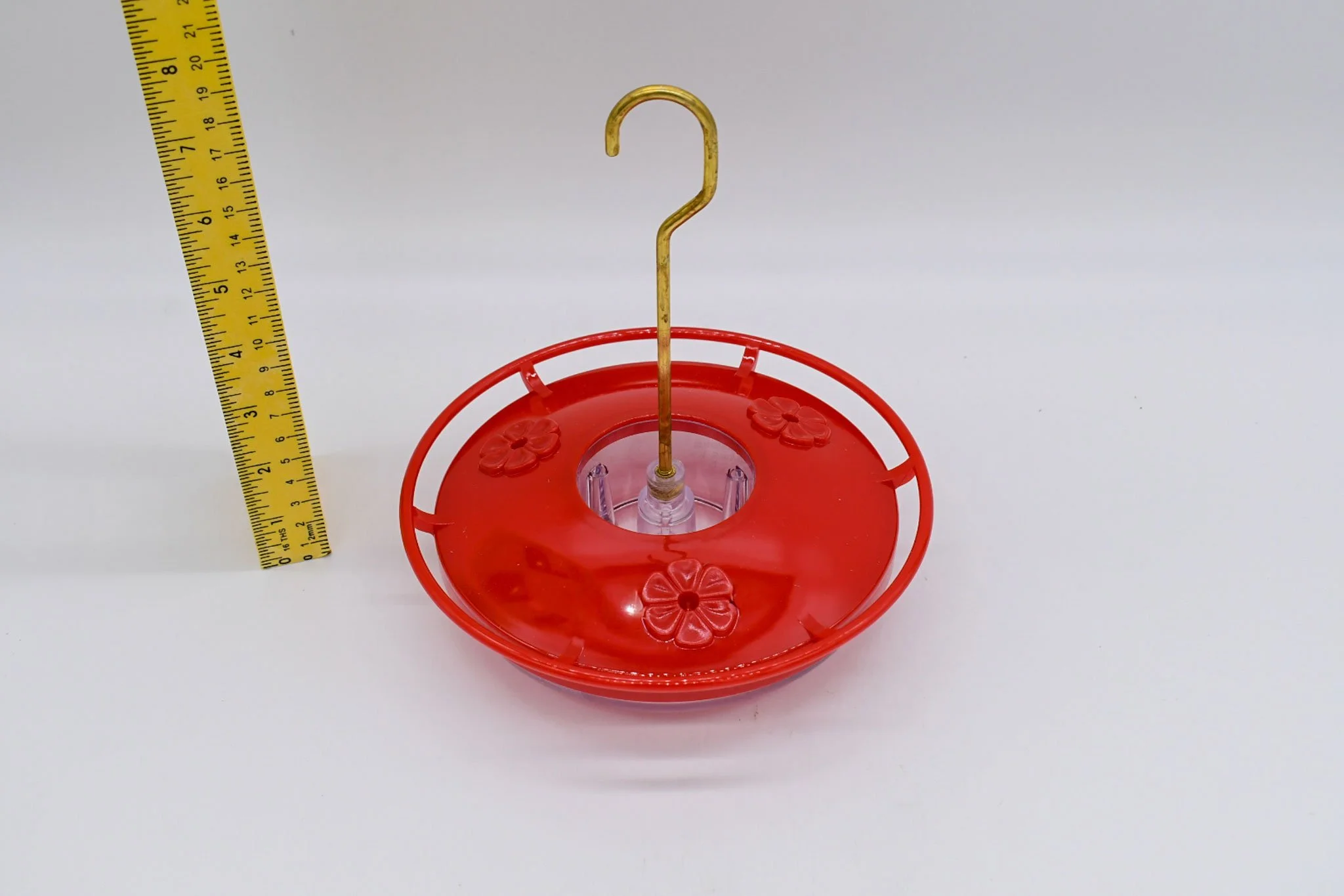 Complete Aspects HighView Mini 8 oz hummingbird feeder with brass hanging rod and three feeding ports.