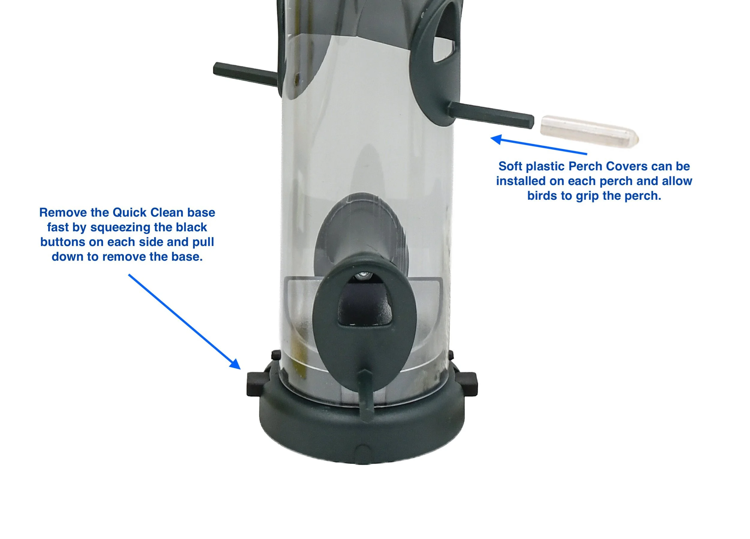 Close-up of Aspects 425 Quick-Clean bird feeder showing removable base and feeding port design for easy cleaning.