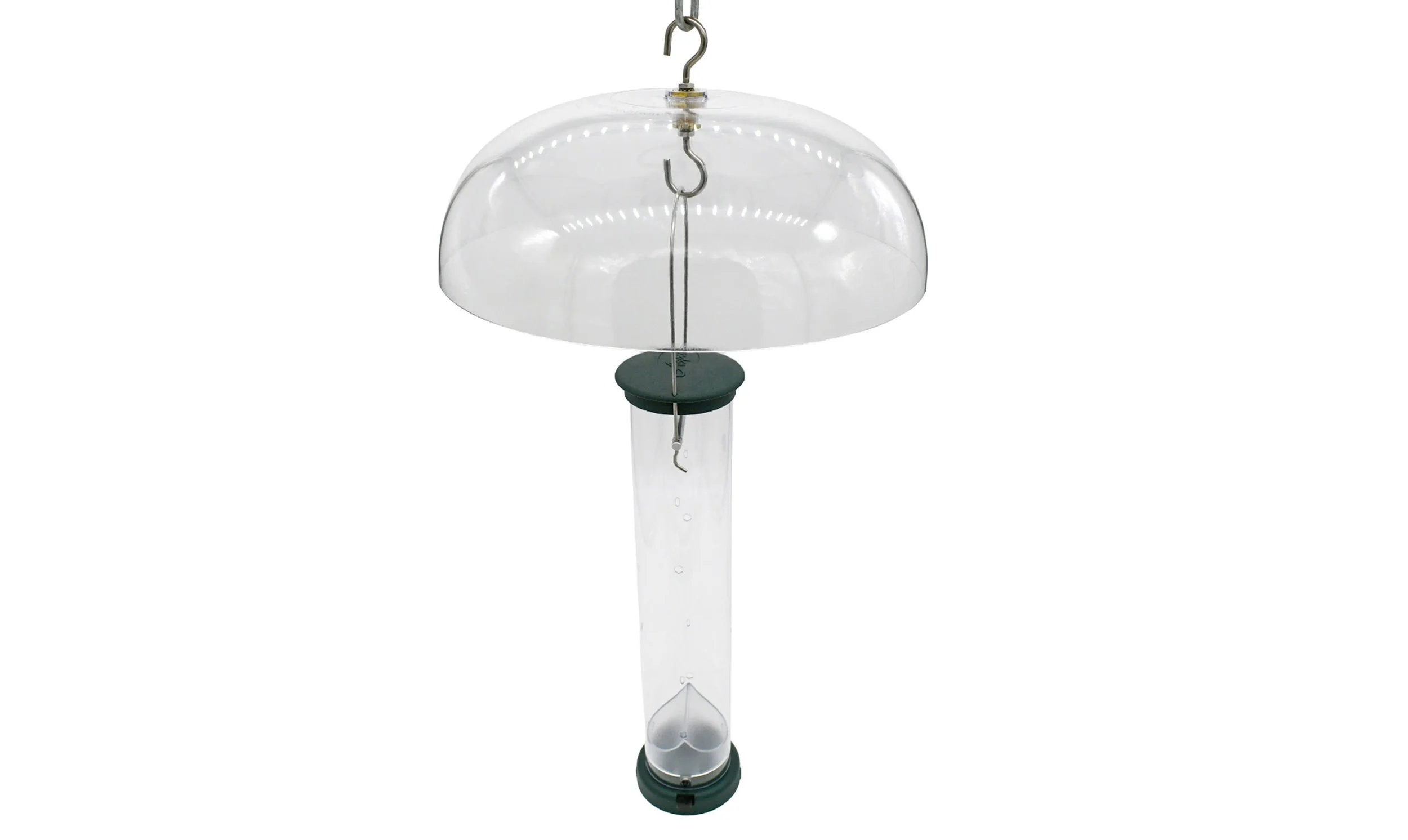 Aspects 264 Weather Dome installed above a tube bird feeder demonstrating rain protection and feeder compatibility.