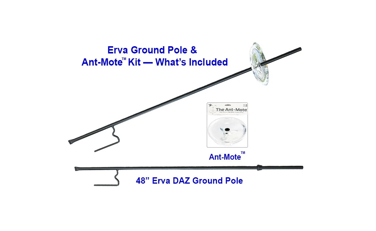 ERVA 48" DAZ Ground Pole & Ant Mote™ Kit for bird and hummingbird feeders. Includes black ground pole and clear Ant Mote™; feeder not included.