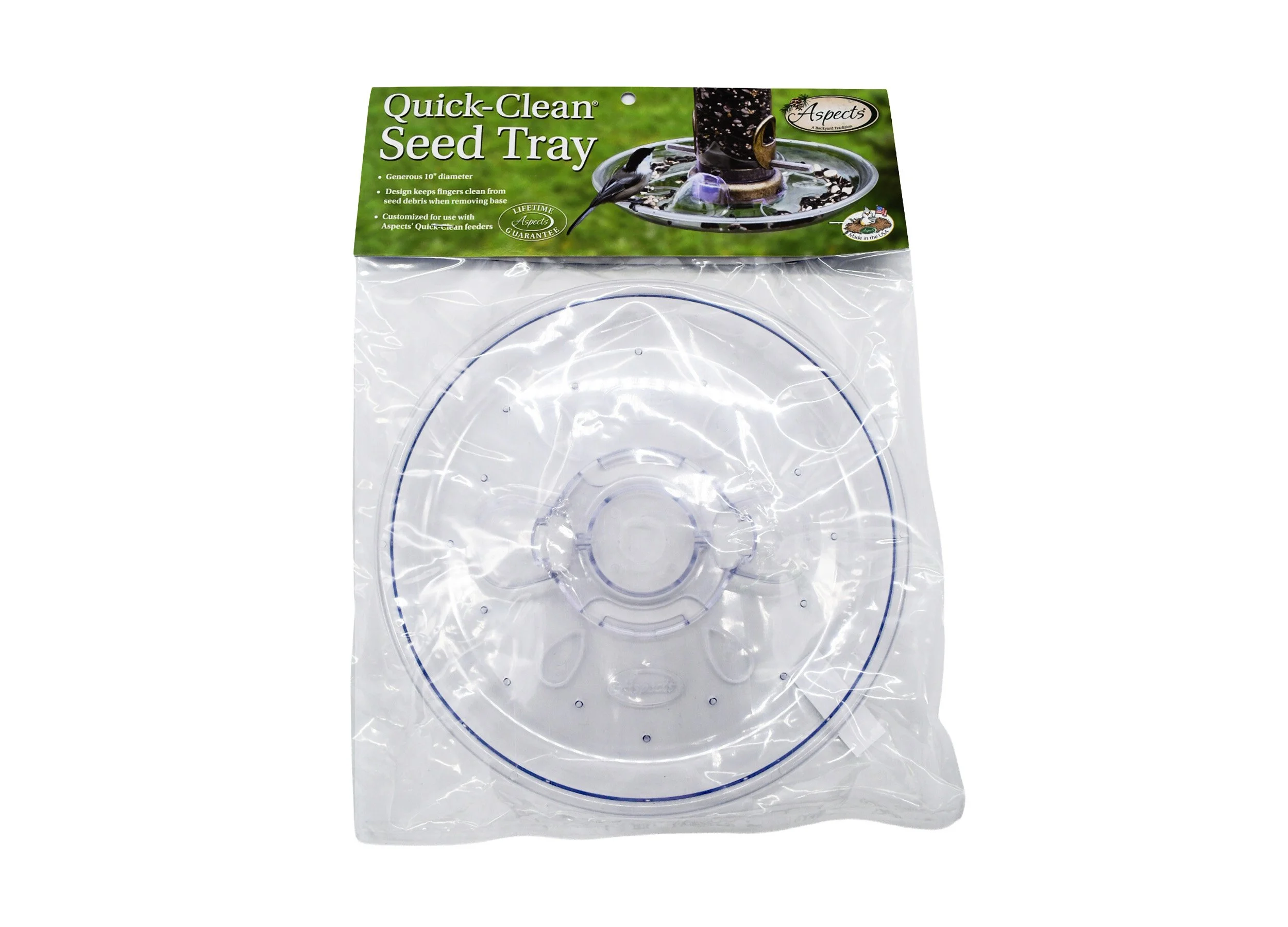 Aspects 449 clear polycarbonate Seed Tray accessory for compatible Quick Clean tube bird feeders.