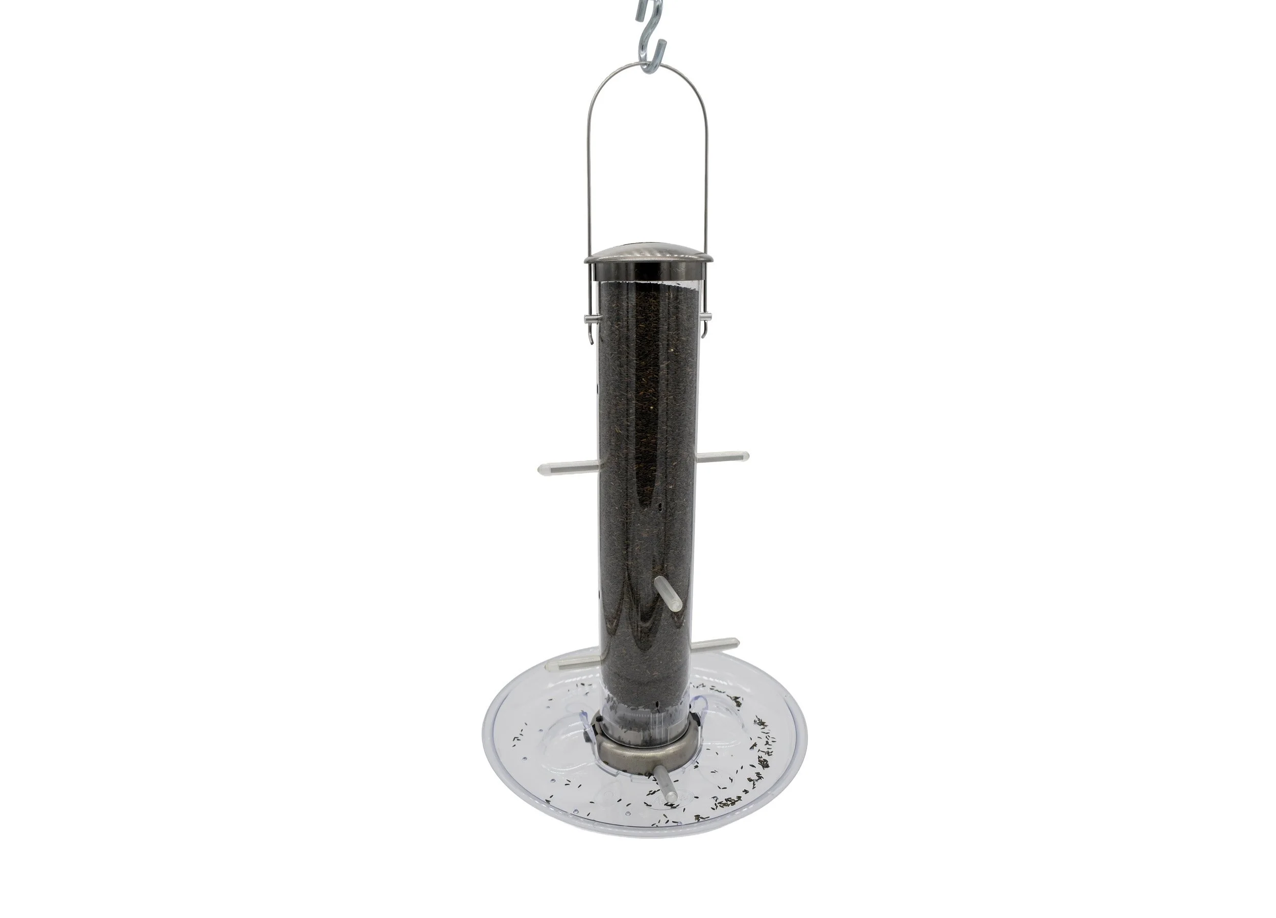 Aspects tube bird feeder filled with seed and fitted with optional Aspects 449 clear seed catcher tray.