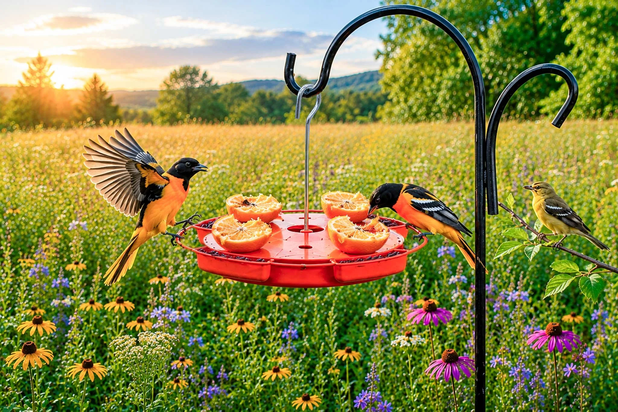 Bullock's and Baltimore Orioles feeding on fresh orange halves and grape jelly at an outdoor oriole feeder during spring migration.