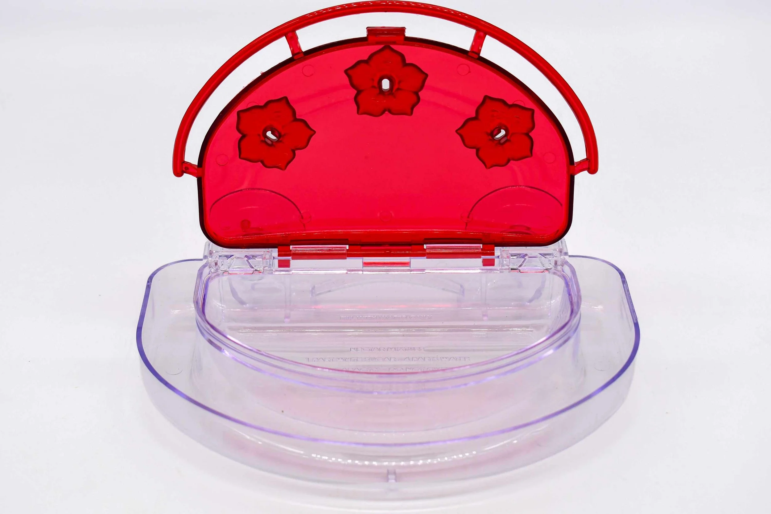 Aspects 407 Jewel Box hummingbird feeder with red hinged cover open for easy filling and cleaning