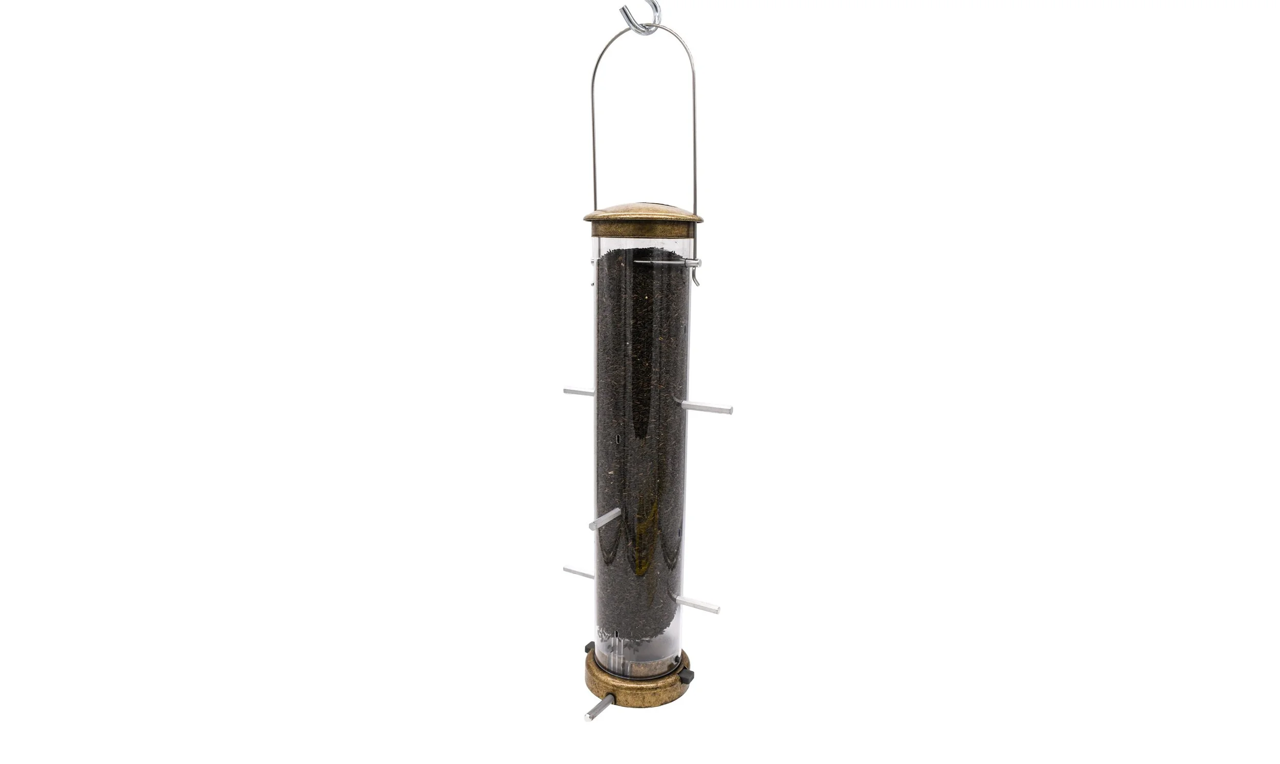 Aspects 402 Quick Clean antique brass finch feeder filled with Nyjer seed, showing feeding ports and hanging handle without the optional seed tray.