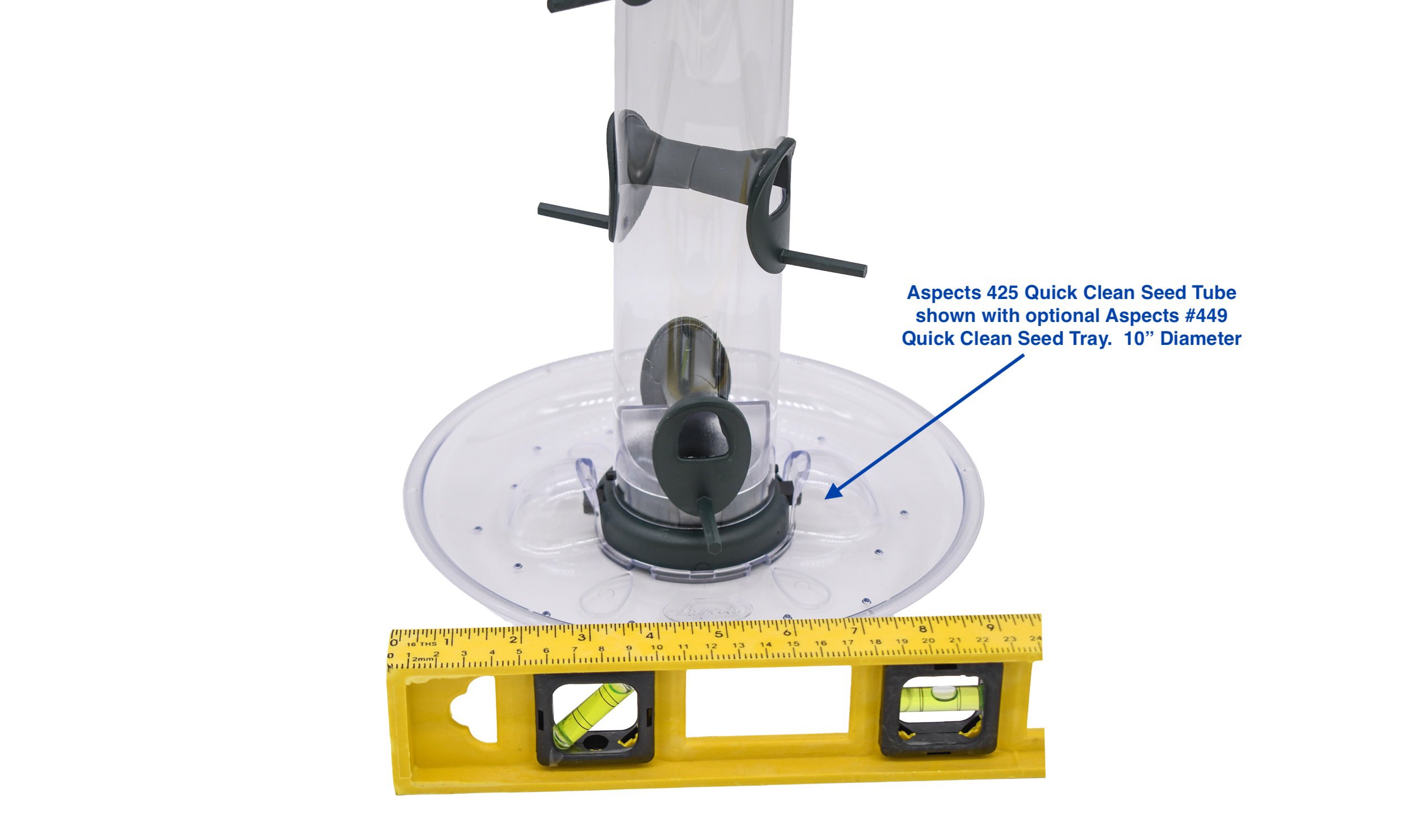 Aspects 425 Quick-Clean bird feeder with optional clear seed tray and measurement reference showing tray dimensions.