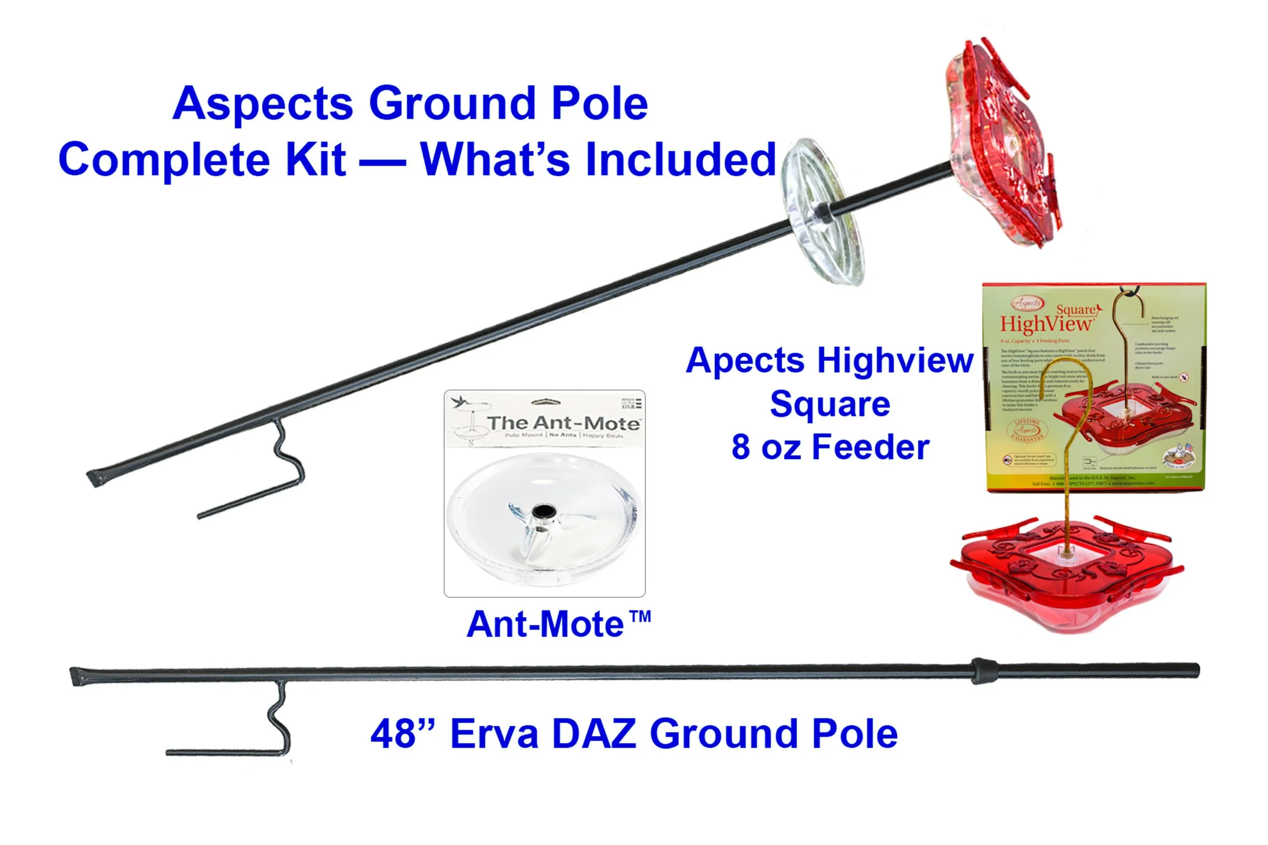 Aspects HighView Square complete hummingbird feeding station with 8 oz feeder, ant moat and 48 inch ground pole