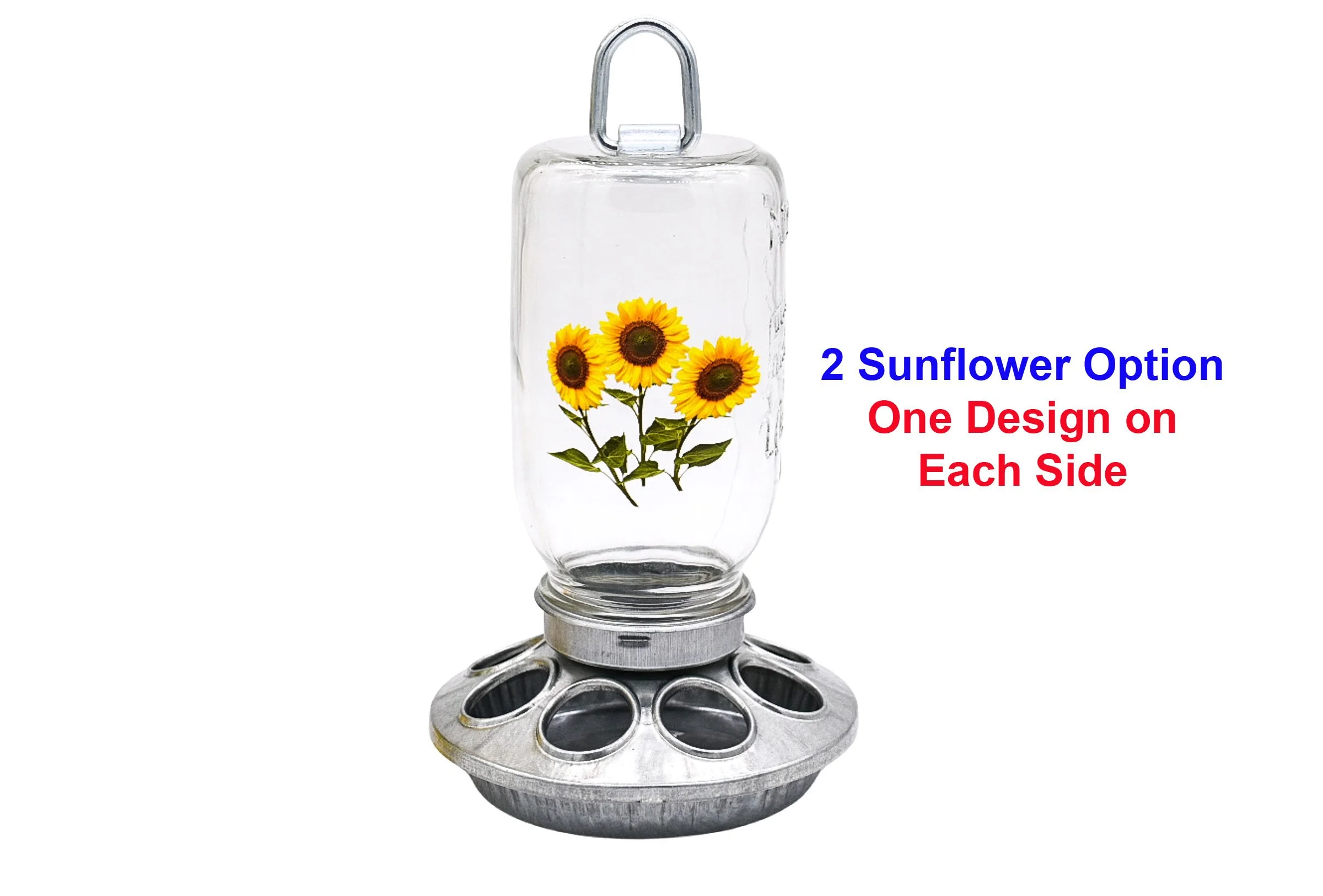 Mason jar bird feeder with two sunflower designs, one displayed on each side of the clear glass jar