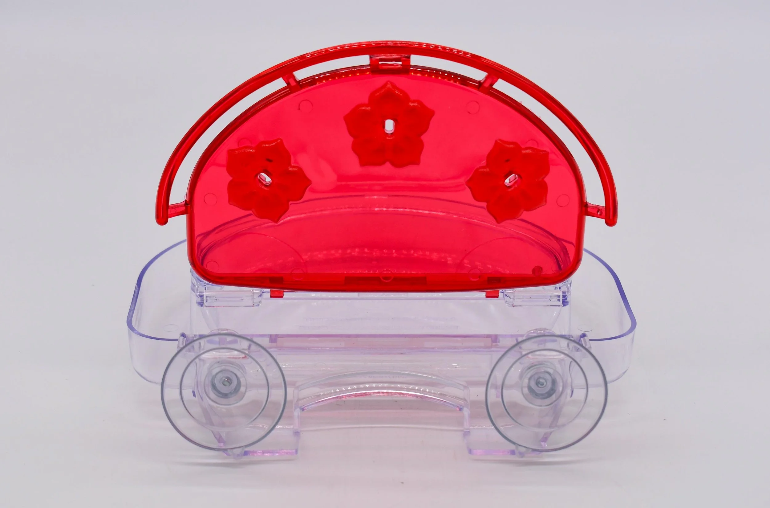 Front view of Aspects 407 Jewel Box hummingbird feeder showing red HighView perch, three feeding ports and window mounts
