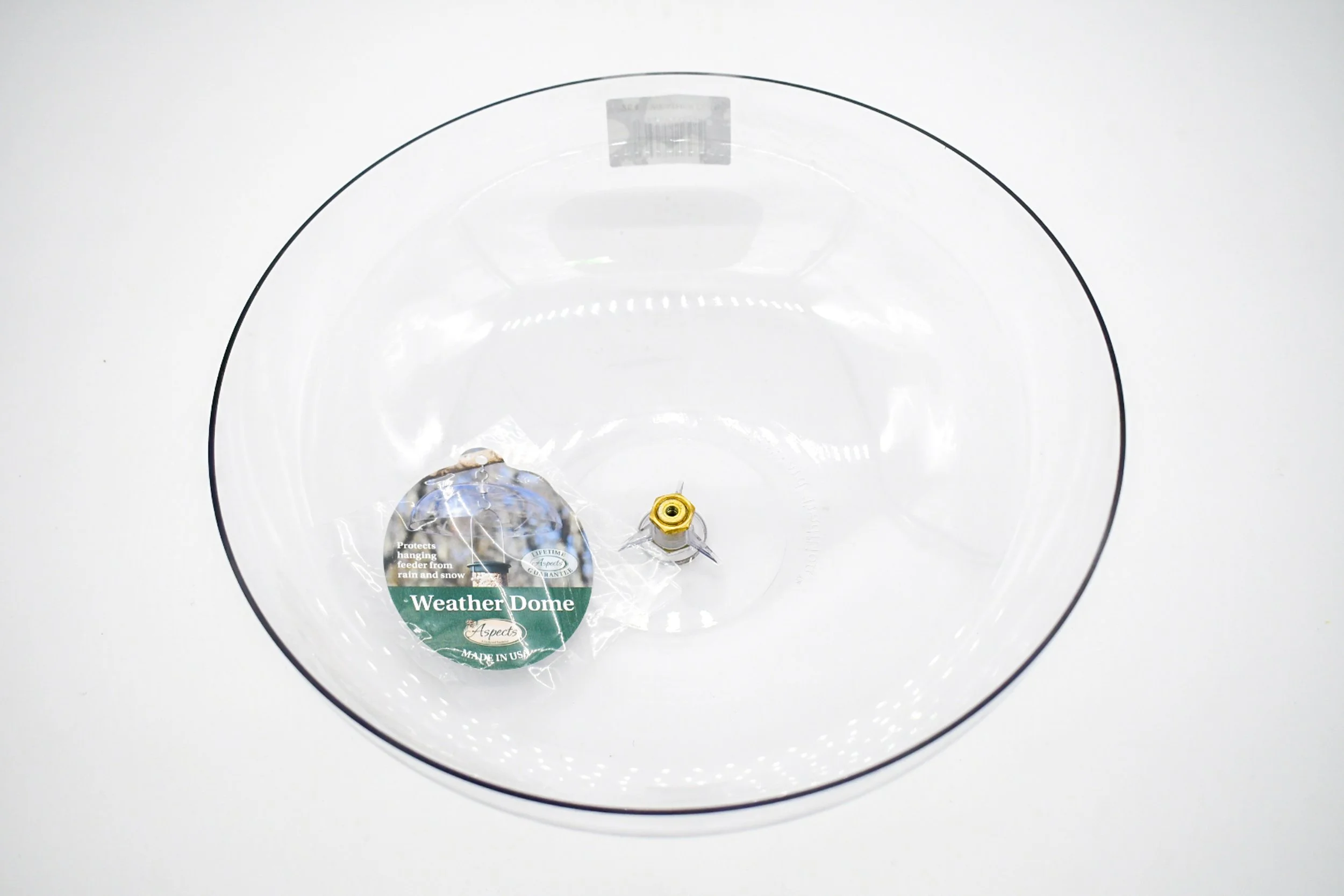 Top view of Aspects 264 Weather Dome showing clear polycarbonate construction and center mounting hardware.