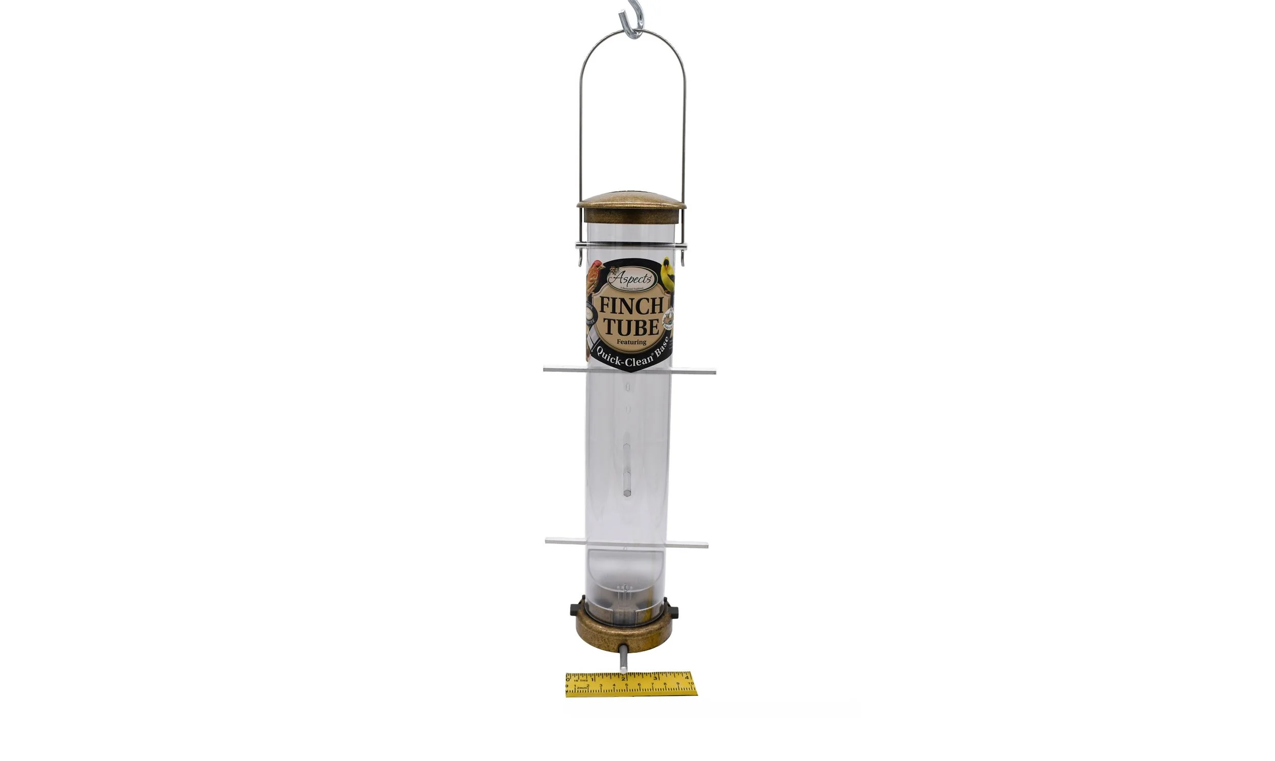 Aspects 402 Quick Clean brass Nyjer feeder with empty clear seed tube, feeding perches, and ruler showing feeder dimensions.