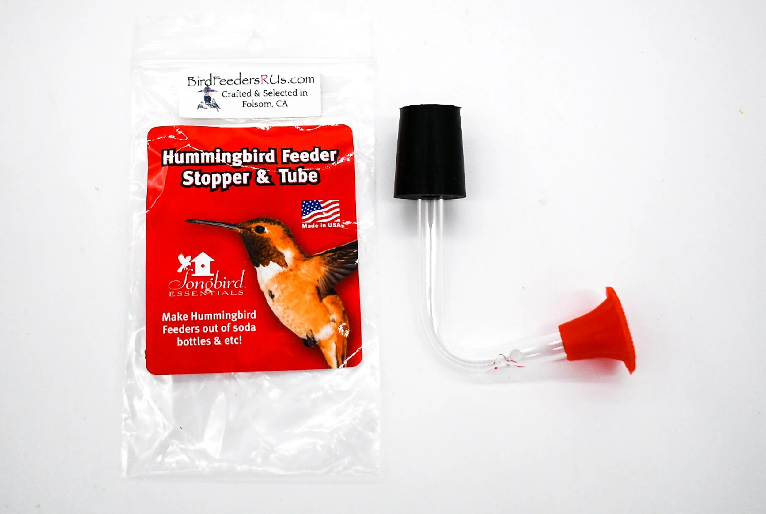 Hummingbird feeder replacement stopper, clear feeding tube and red flower port with Songbird Essentials packaging