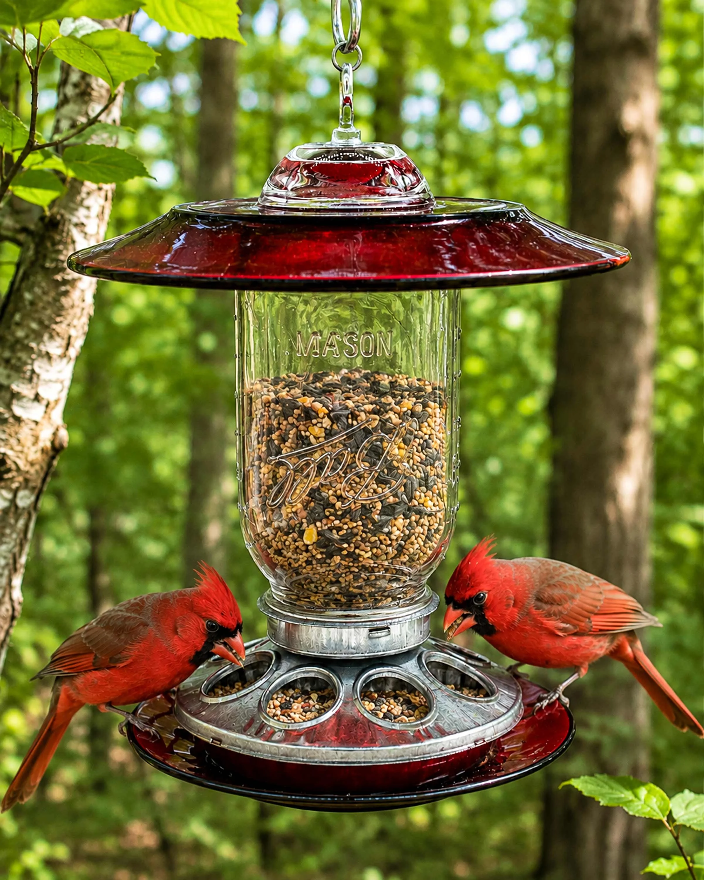 Handmade red glass Mason jar seed bird feeder with Northern Cardinals feeding from the galvanized metal seed ports.