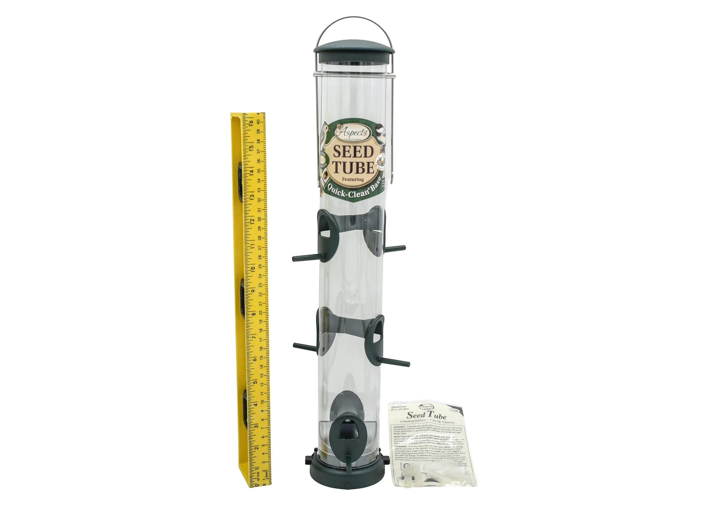Aspects 425 Quick-Clean Spruce large seed tube bird feeder shown with ruler for size and scale reference.