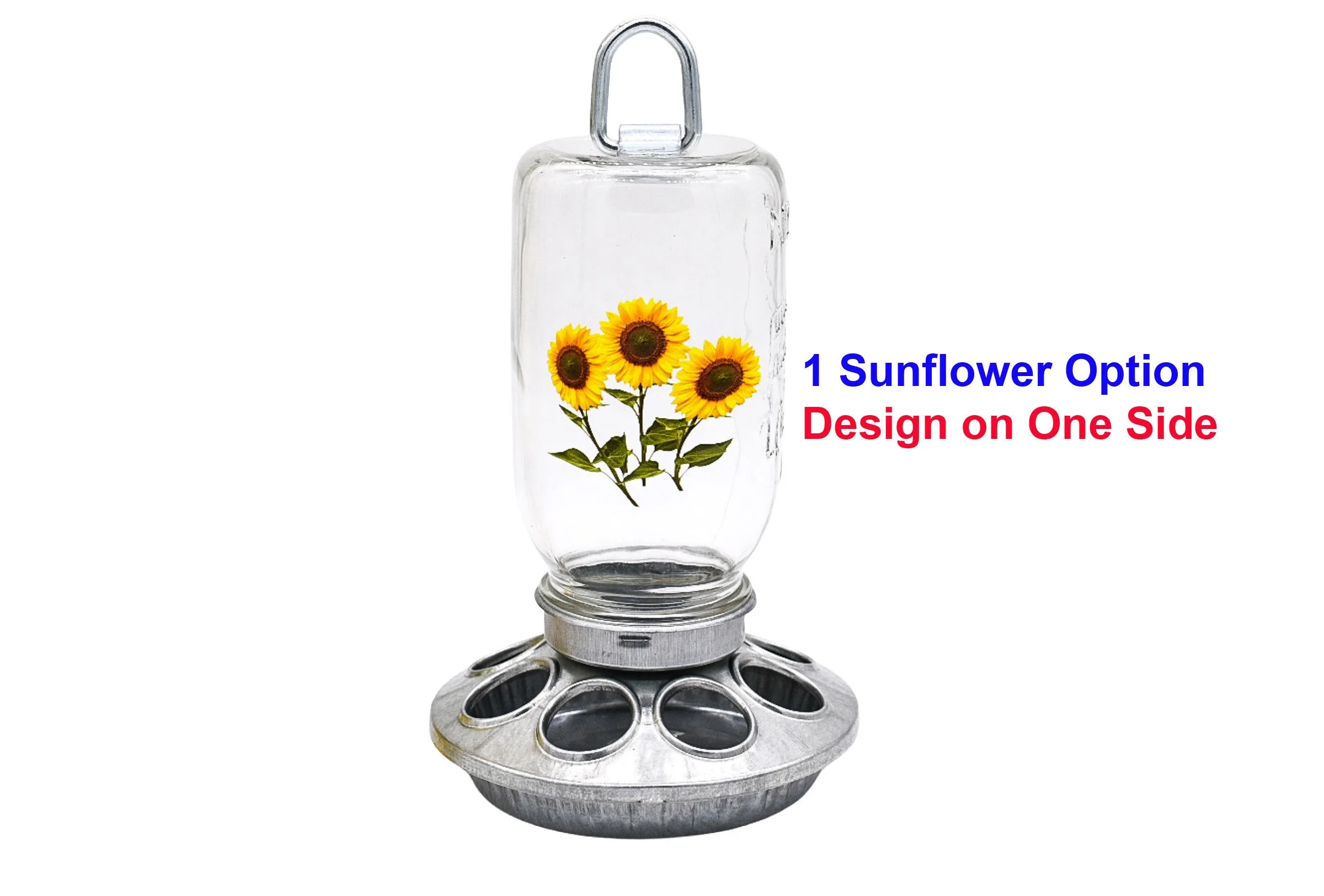 Mason jar bird feeder with one yellow sunflower design applied to one side of the clear glass jar
