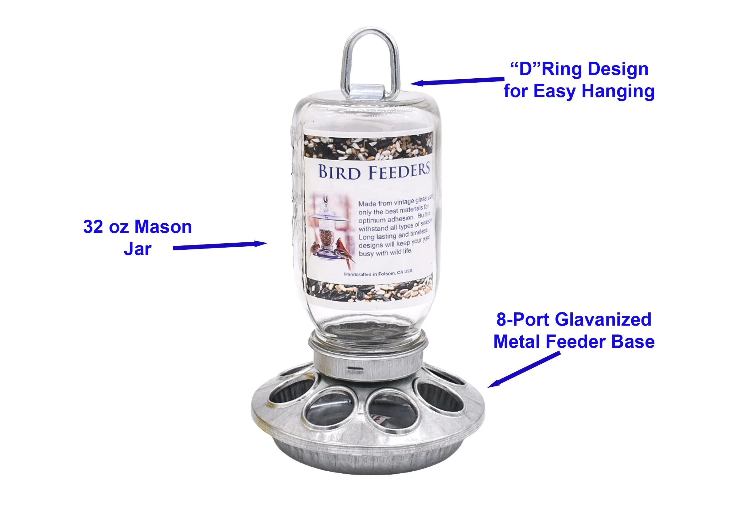 32 oz Mason jar bird feeder showing D-ring hanger and standard 8-port galvanized metal feeder base