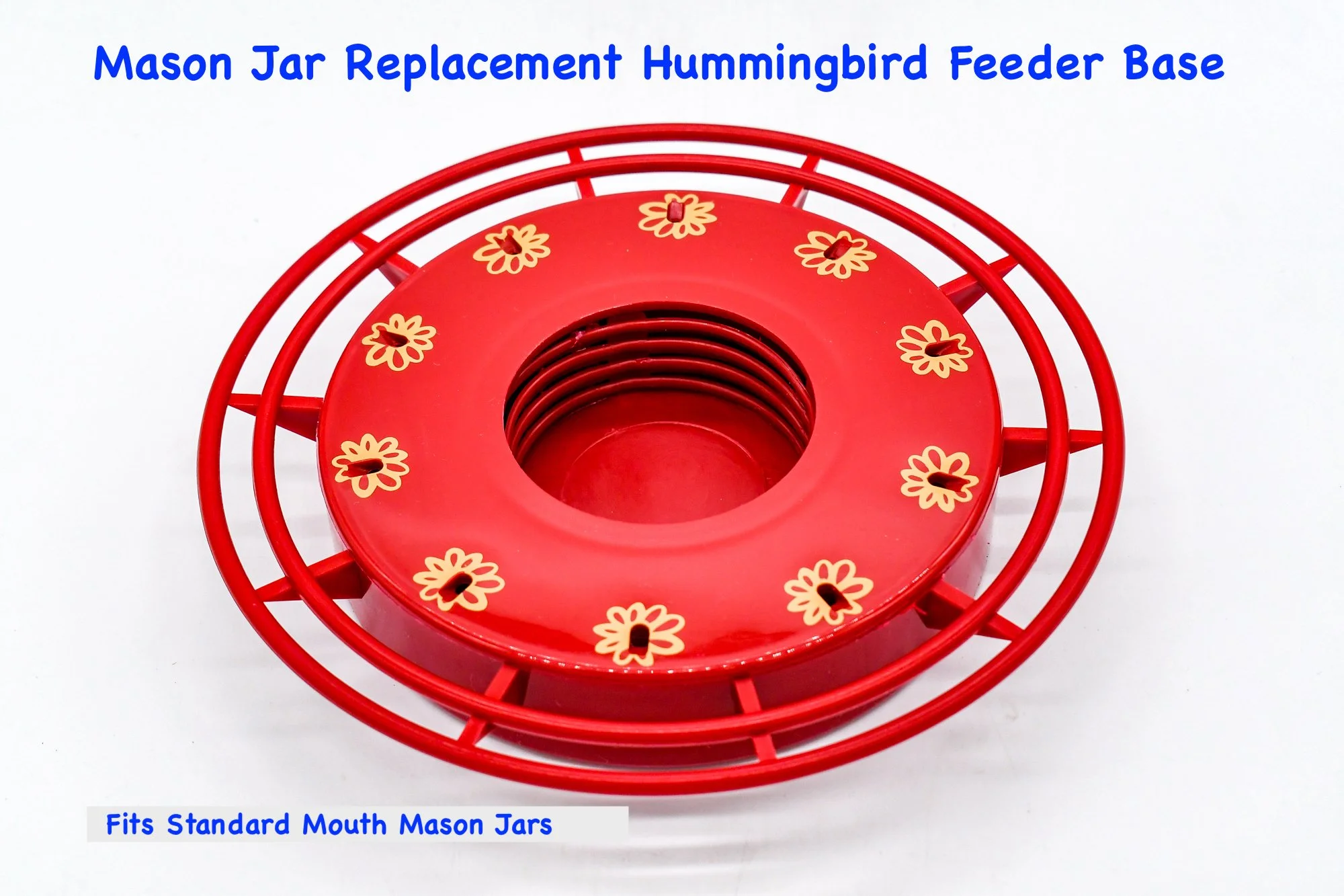Red Turbine hummingbird feeder base with yellow flower ports and 10 perches.