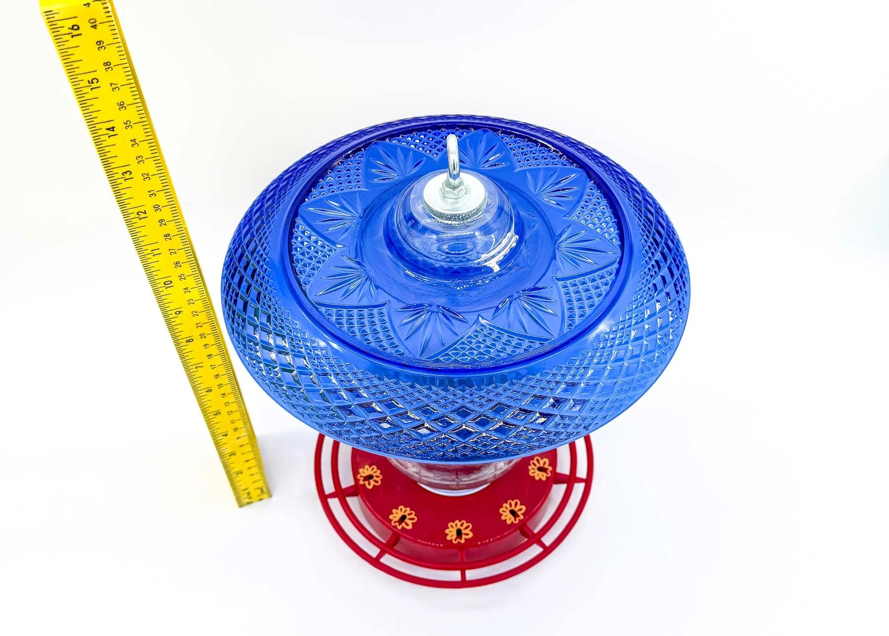 Handcrafted USA hummingbird feeder with blue crystal d’Arques plate