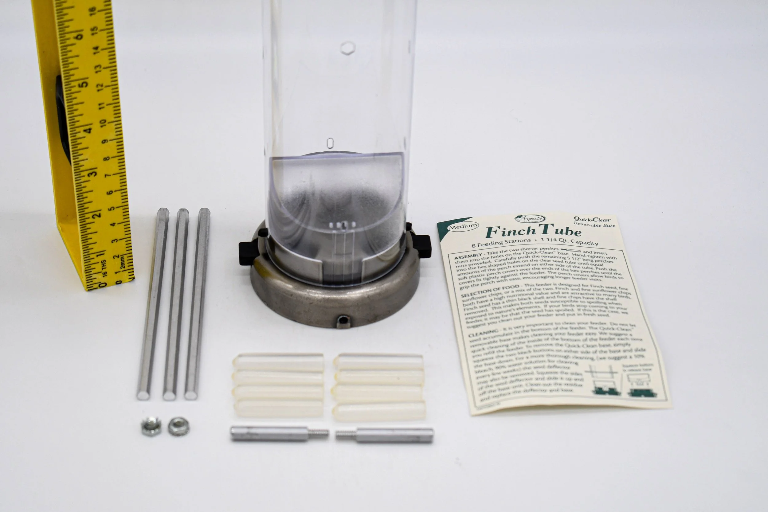 Aspects 400 Quick Clean Finch Feeder components showing clear seed tube, nickel base, eight perches and included parts.