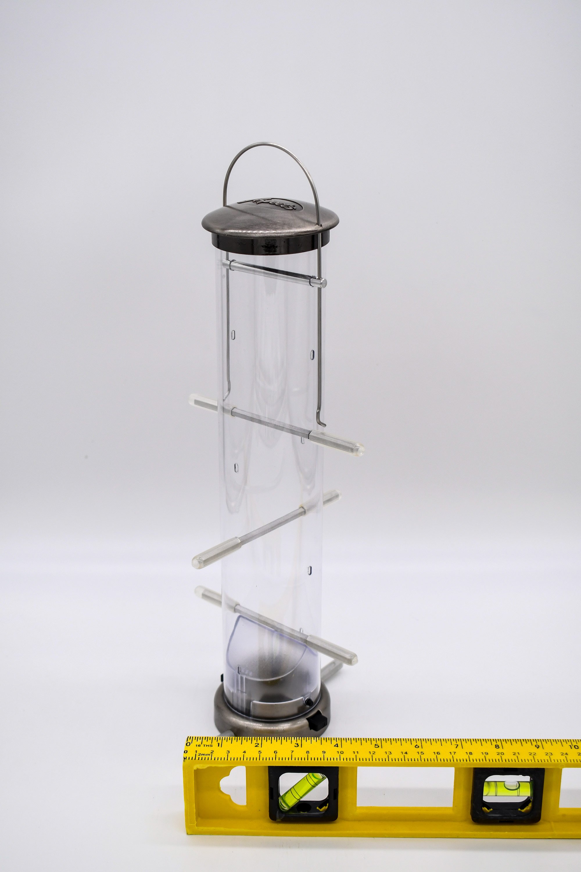 Aspects 400 Quick Clean Nickel Finch Feeder showing clear seed tube, hanging loop and eight staggered feeding perches.