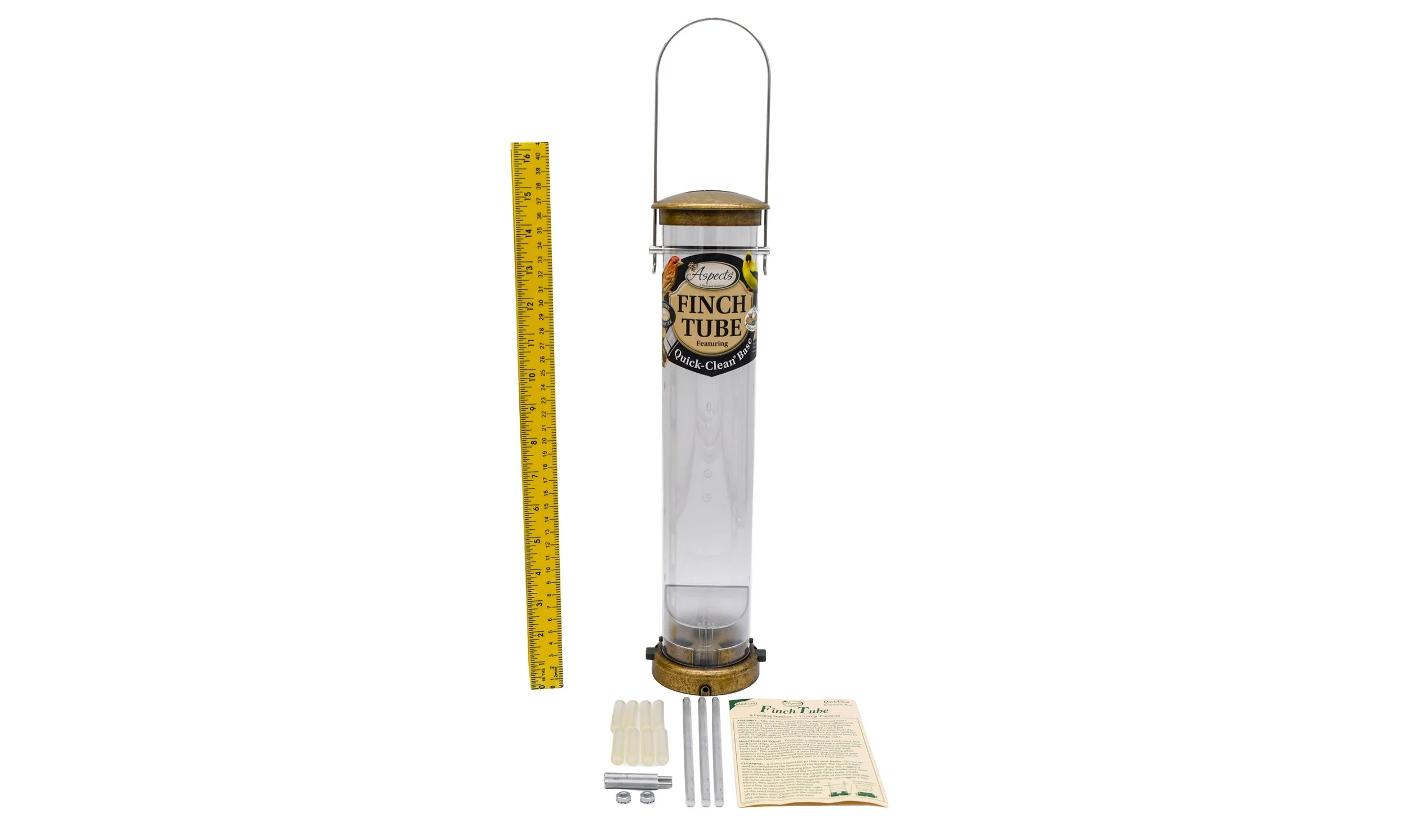 Aspects 402 Quick Clean finch tube feeder shown with measuring ruler, feeding perches, and included product literature.