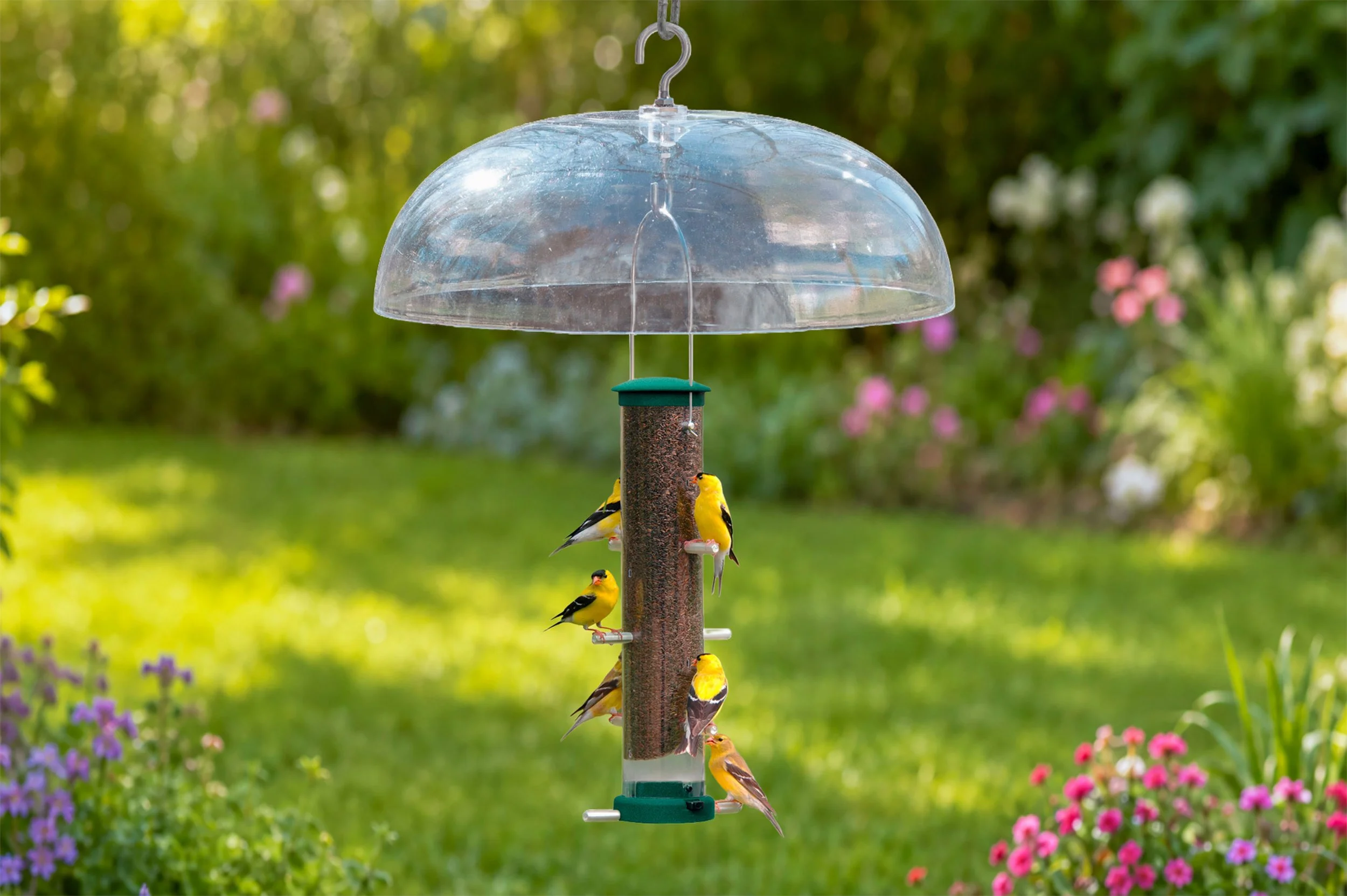 Aspects 264 Weather Dome installed over a tube finch feeder with goldfinches feeding in an outdoor garden.