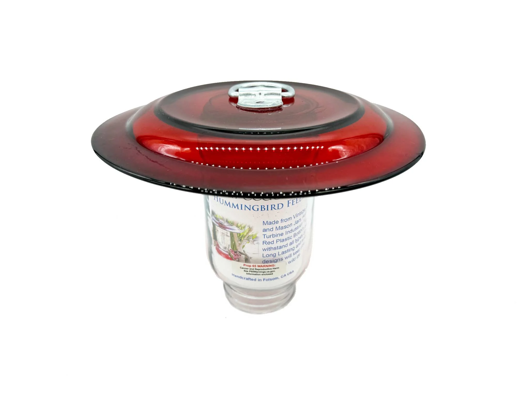 side view of mason jar with 9" anchor hocking red plate attached with d ring