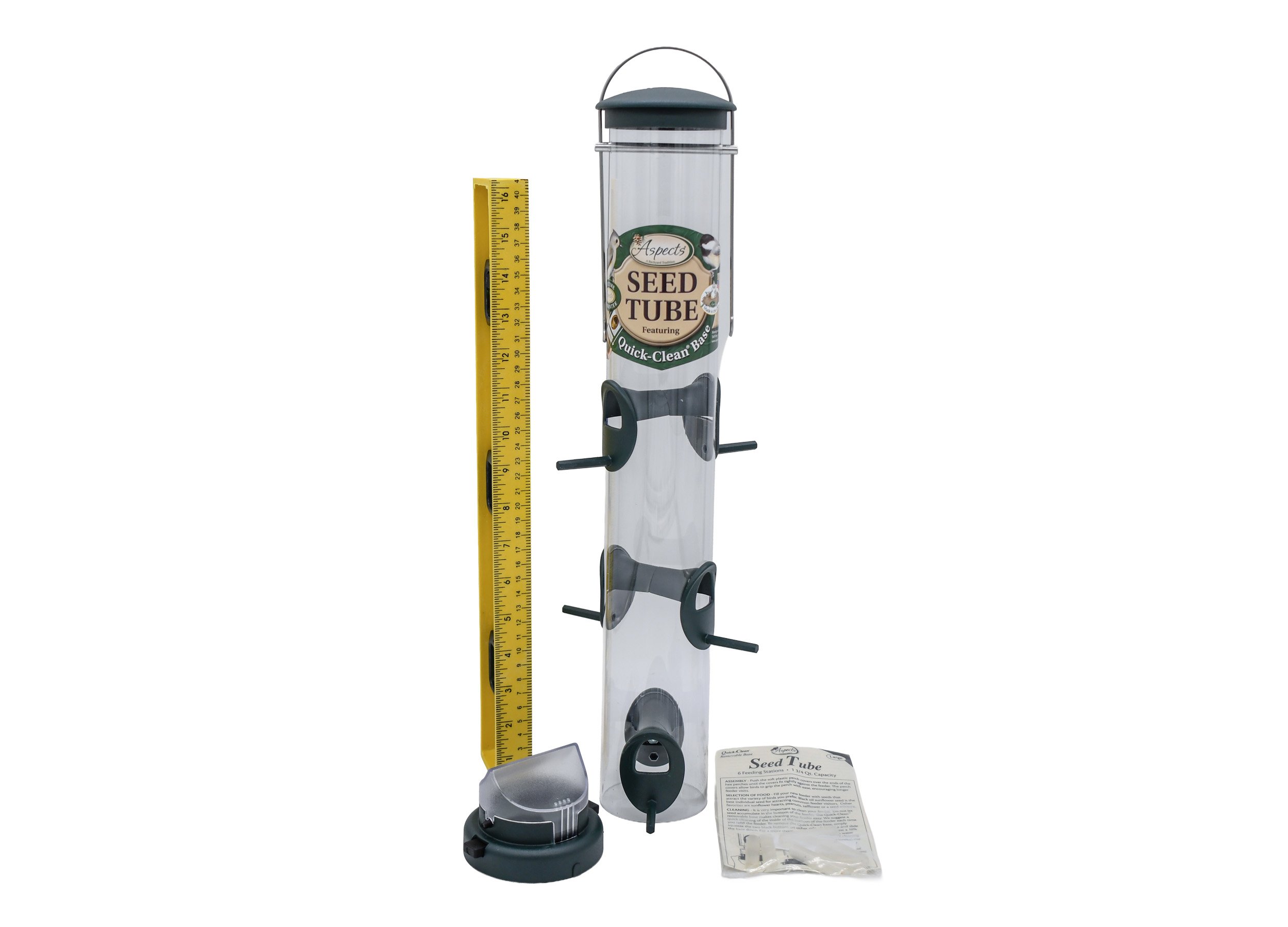 Aspects 425 Quick-Clean Spruce large bird feeder with removable base, ruler and component measurements.