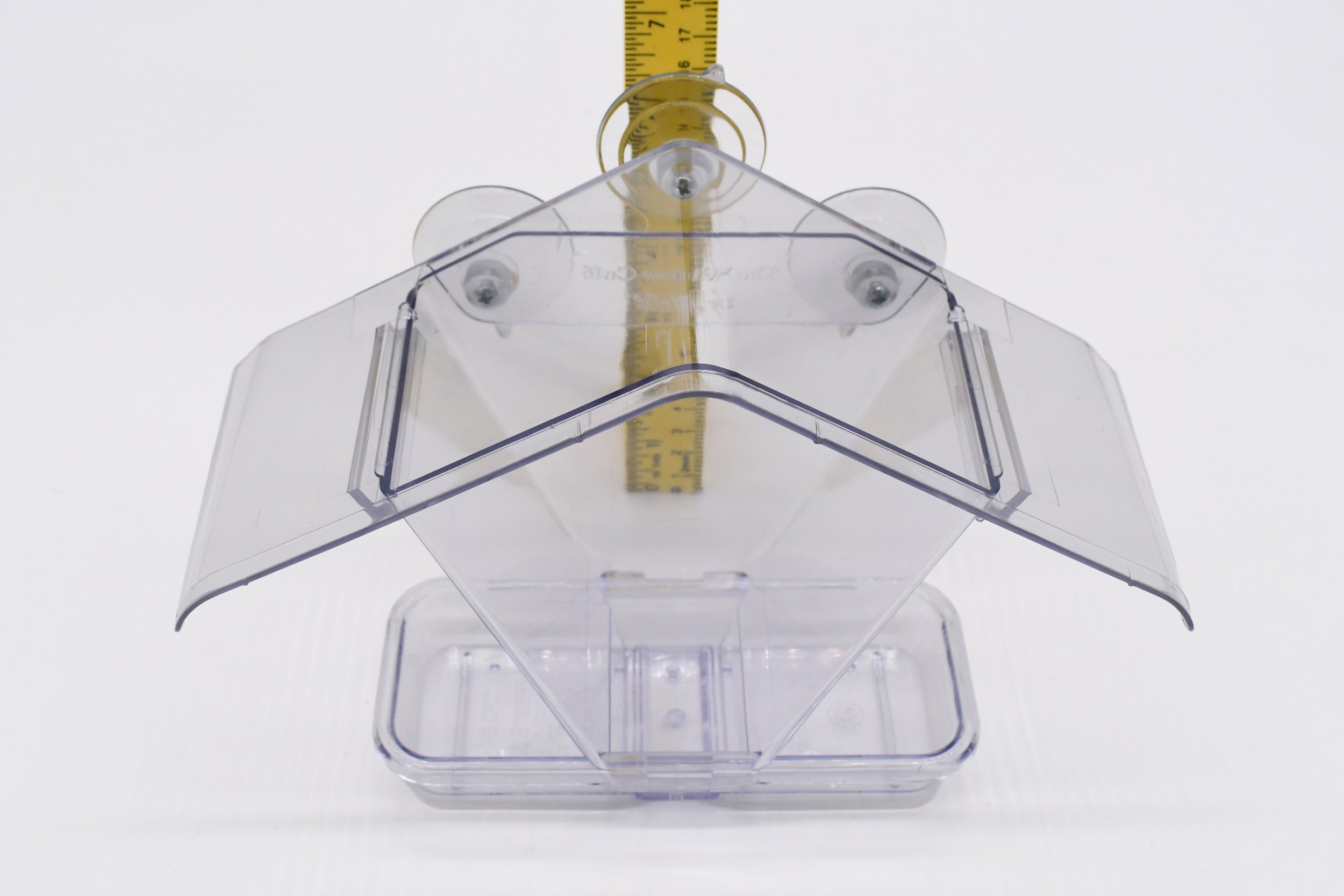 Close-up of the Aspects Window Cafe showing the clear protective roof, suction cup mounting points, and polycarbonate construction.
