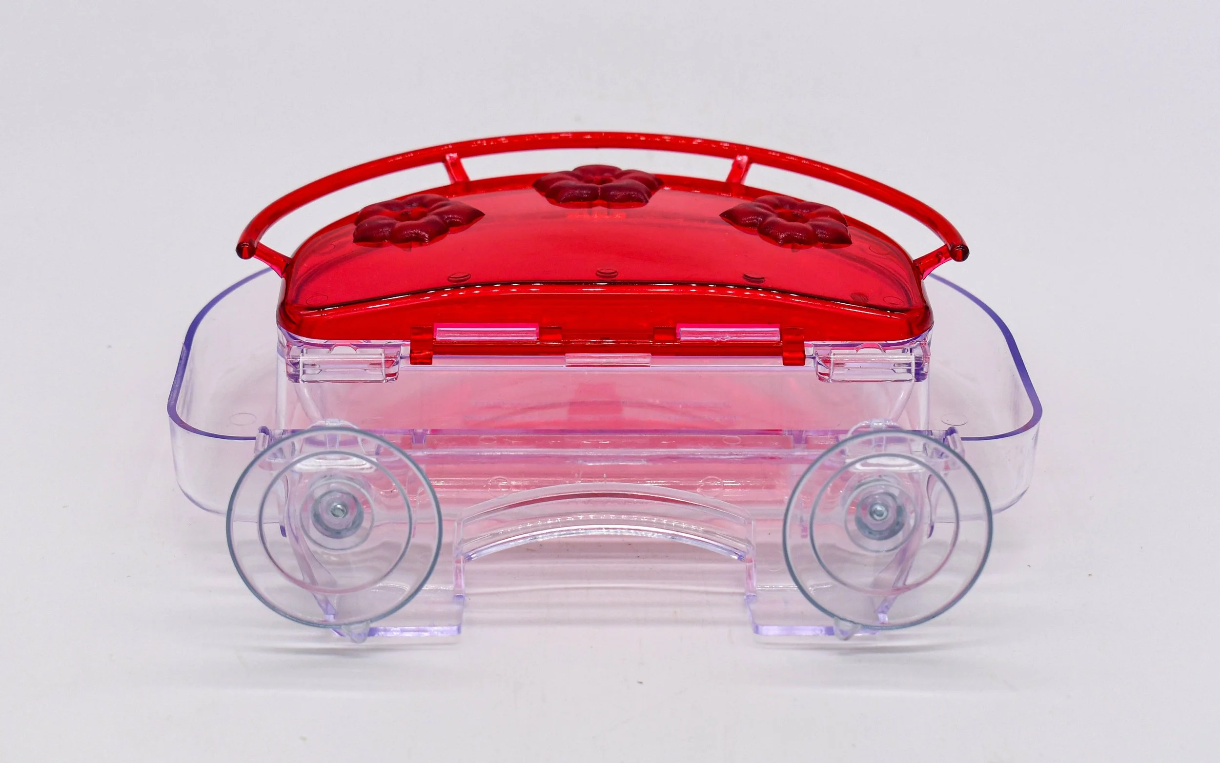 Front view of Aspects 407 Jewel Box window hummingbird feeder showing clear bracket and two suction cup mounts