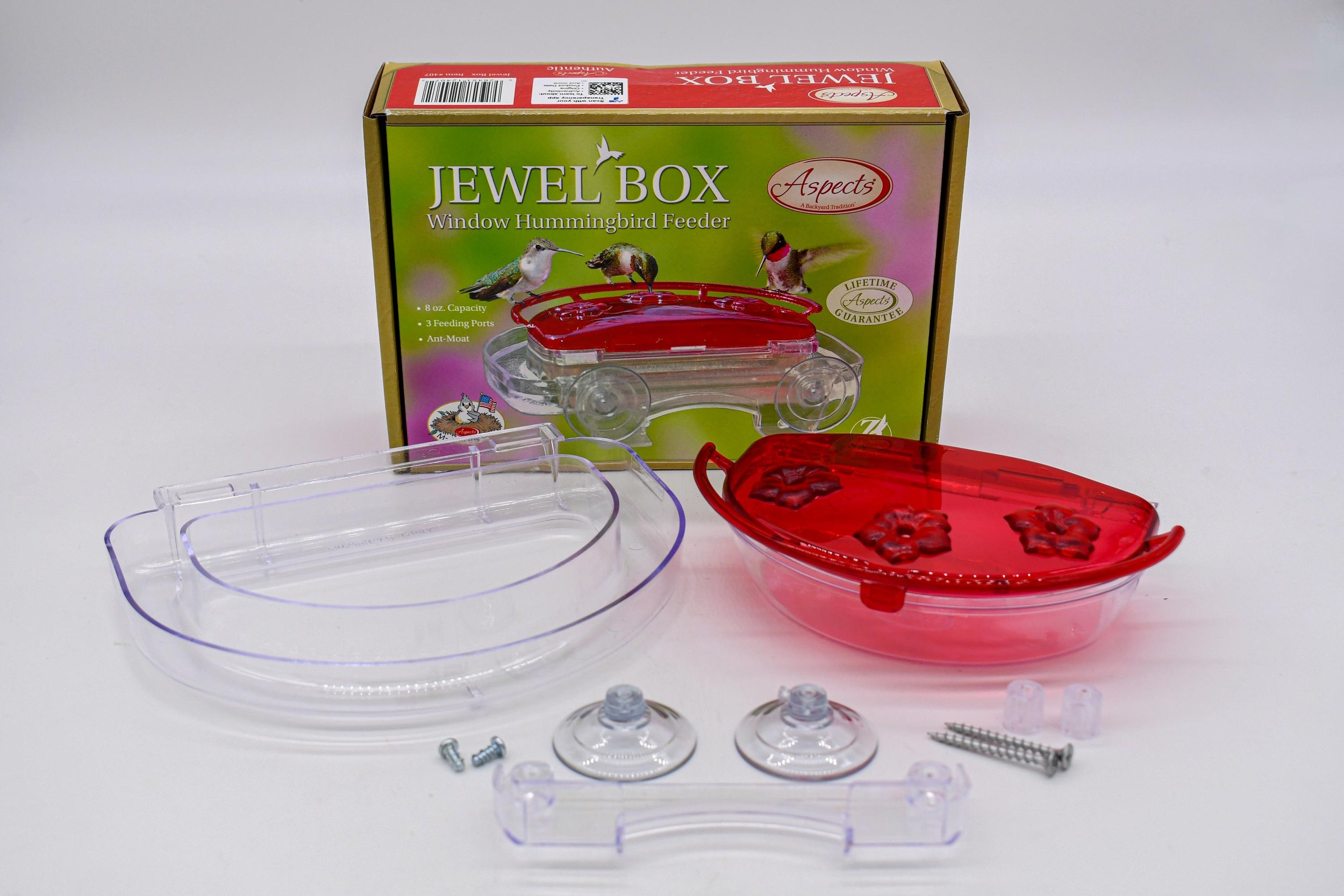 Aspects 407 Jewel Box hummingbird feeder with packaging, nectar reservoir, suction cups and mounting components