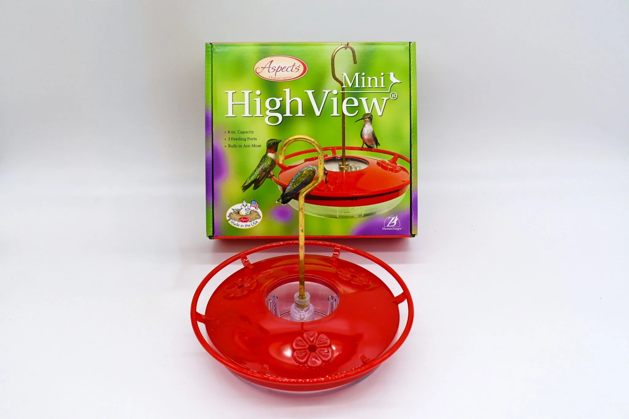 Aspects HighView Mini 8 oz hummingbird feeder with original retail packaging showing genuine Made in USA product.