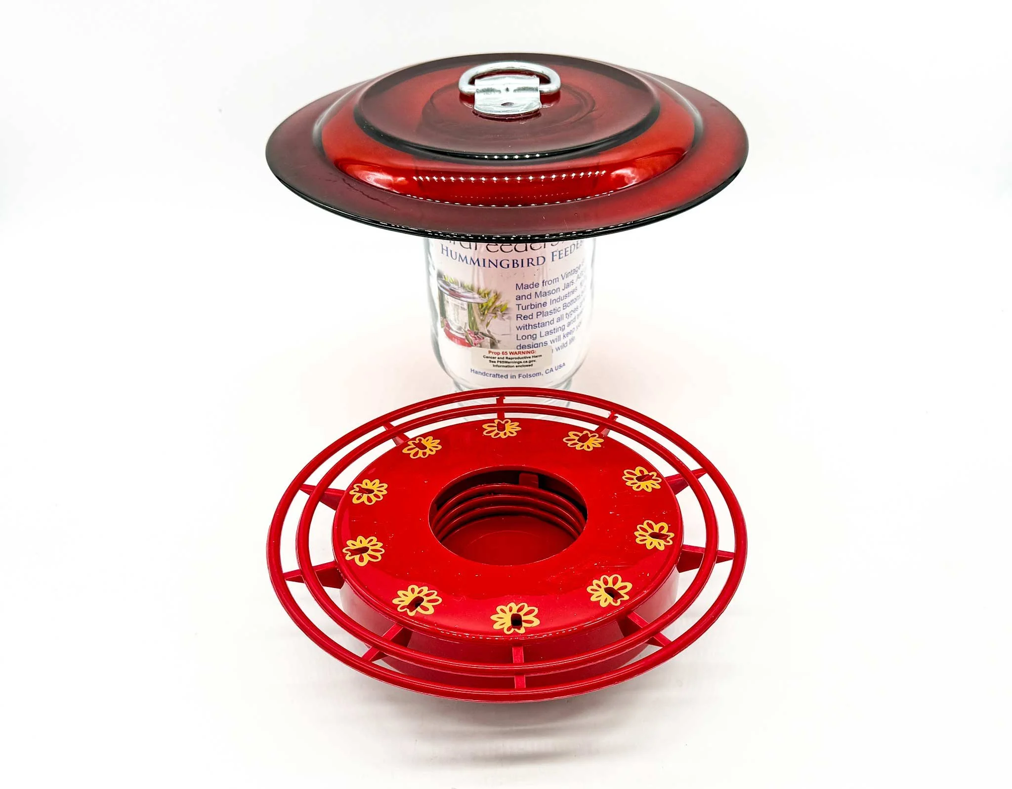 Clear mason jar hummingbird feeder with pole mount for gardens and flower beds