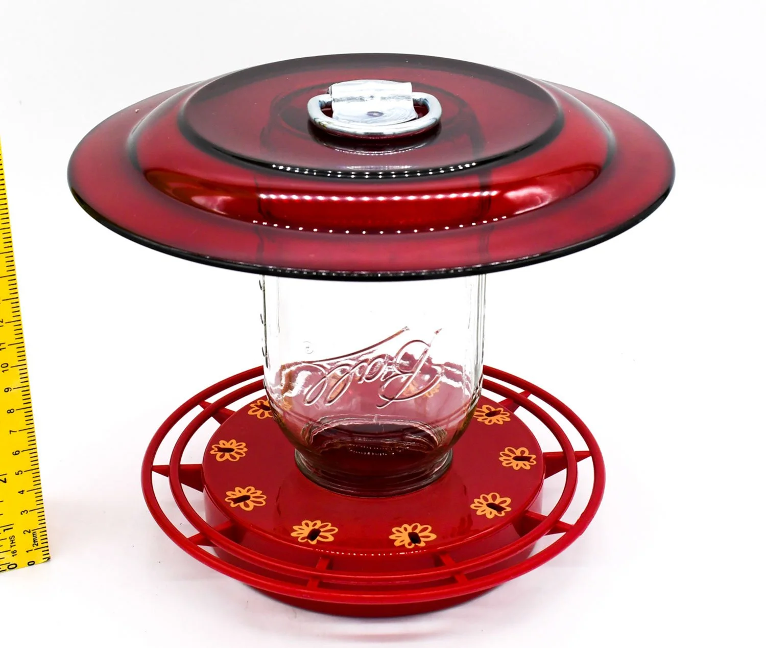 Red glass plate hummingbird feeder with mason jar nectar reservoir