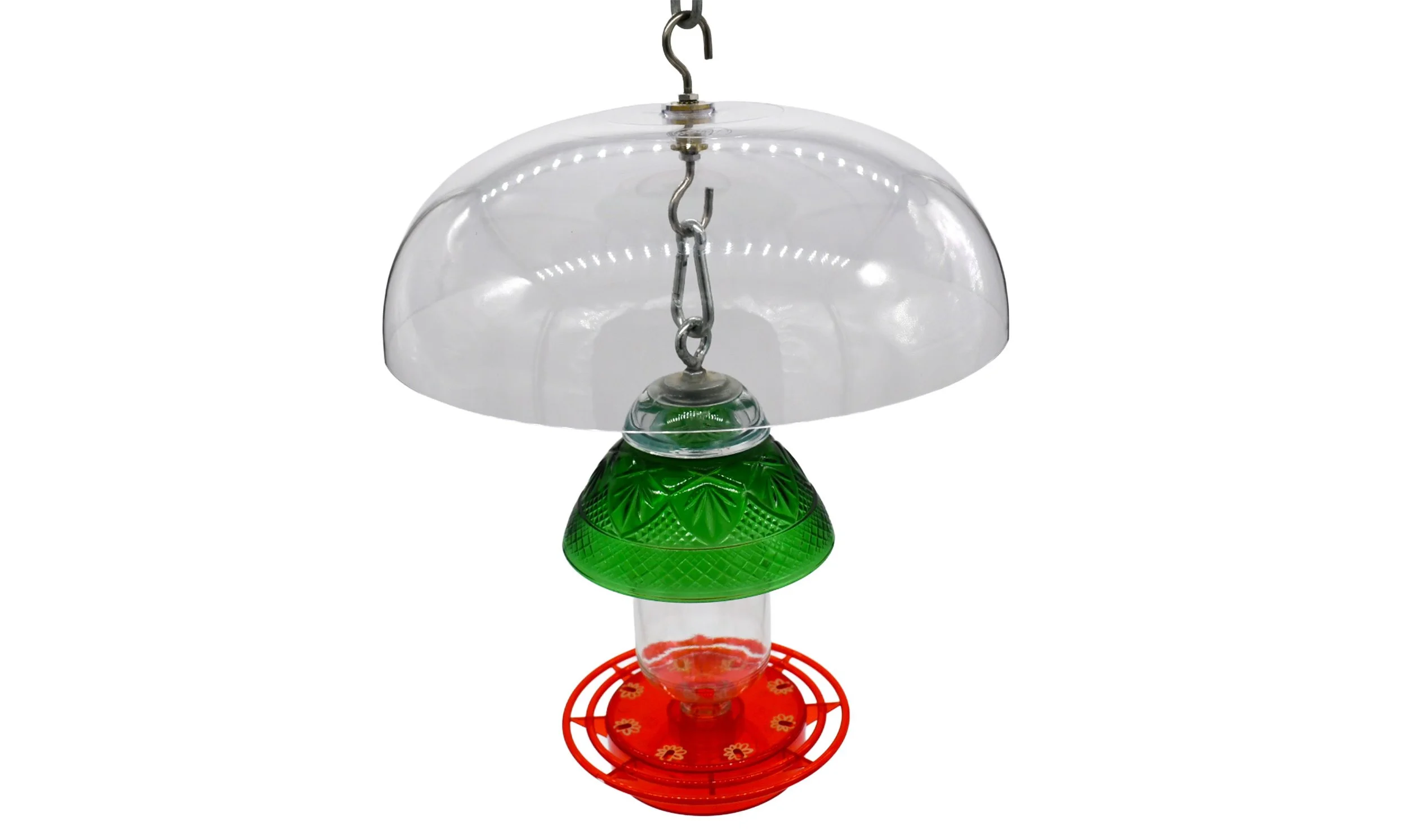 Aspects 264 Weather Dome installed above a decorative hummingbird feeder demonstrating compatible hanging feeder use.