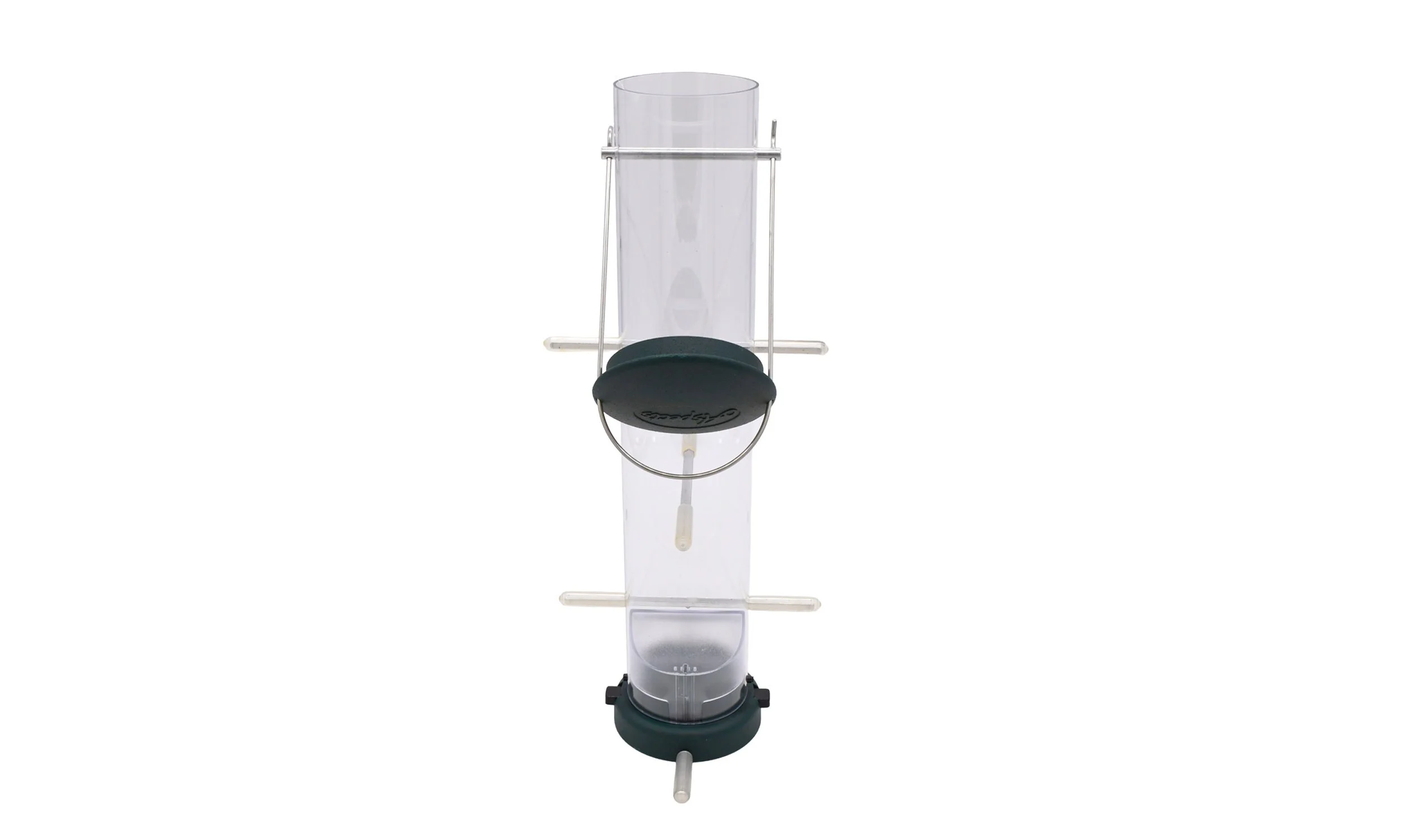 Front view of Aspects 427 Quick-Clean Nyjer feeder showing clear seed tube, feeding ports, perches and base.