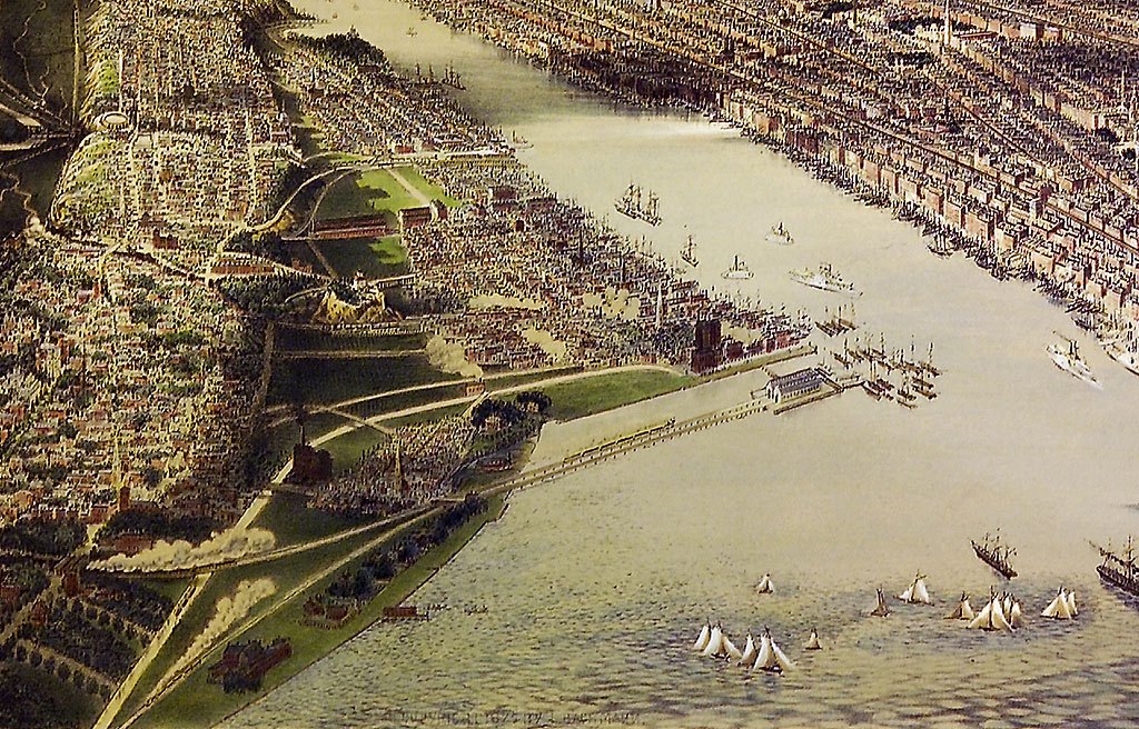 Birdseye view of Communipaw Cove and vicinity, soon after the CNJ arrived, drawn by John Bachman and published by H. Bencke in 1875 and 1878. Courtesy of the Old Print Shop, NYC and Tom Flagg.