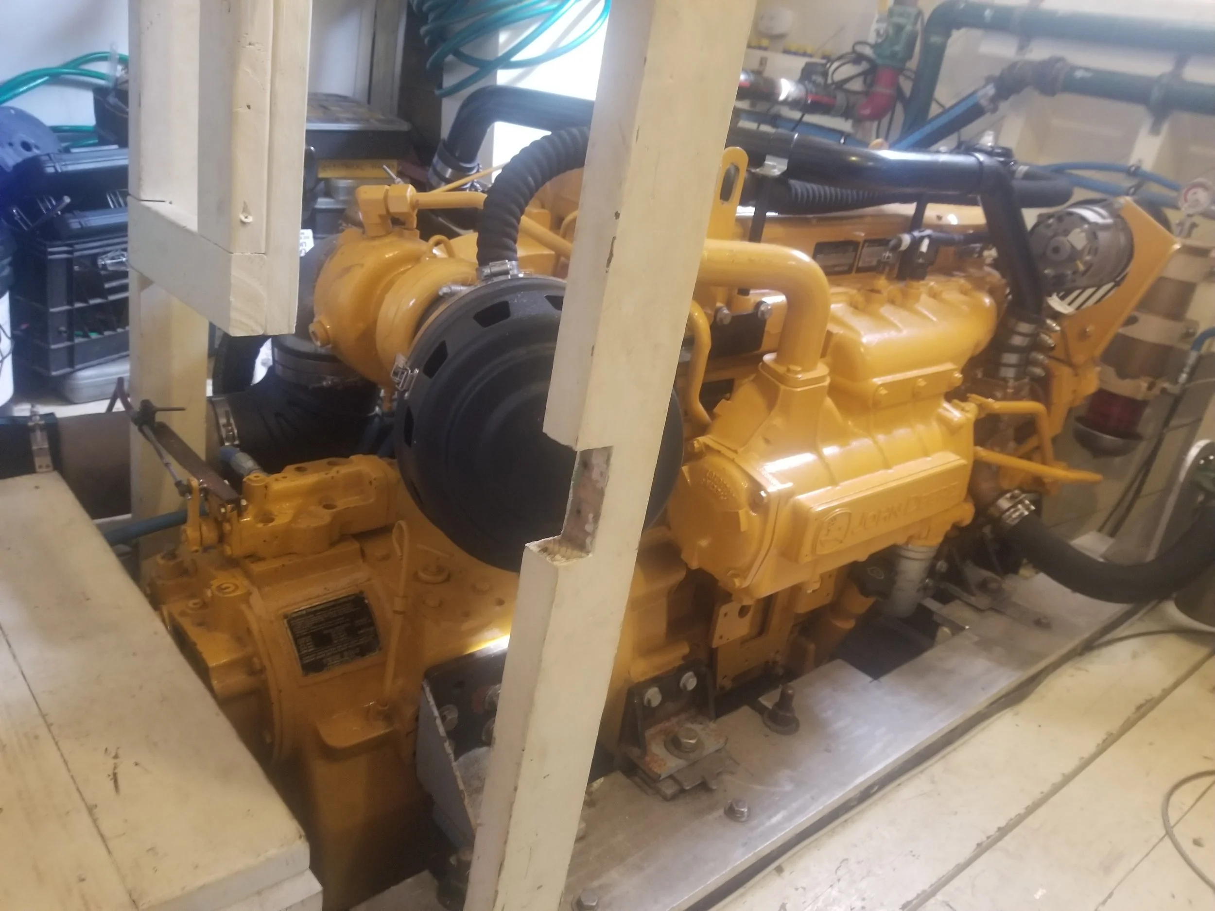 This is the new 6 cylinder John Deere diesel engine for the restored 1928 Delaware Bay Oyster Schooner A. J. MEERWALD. LHRy has provided funding to upgrade the automatic fire extinguishing system for the engine room.